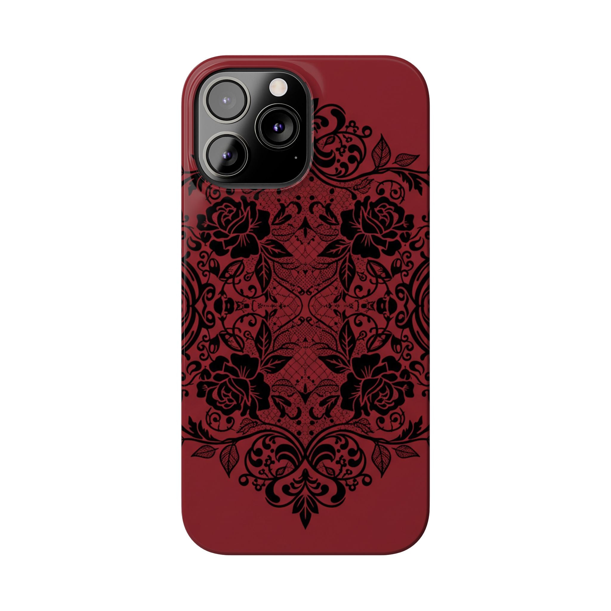 Gothic Lace Phone Case — Intricate Black Lace Over Deep Blood Red