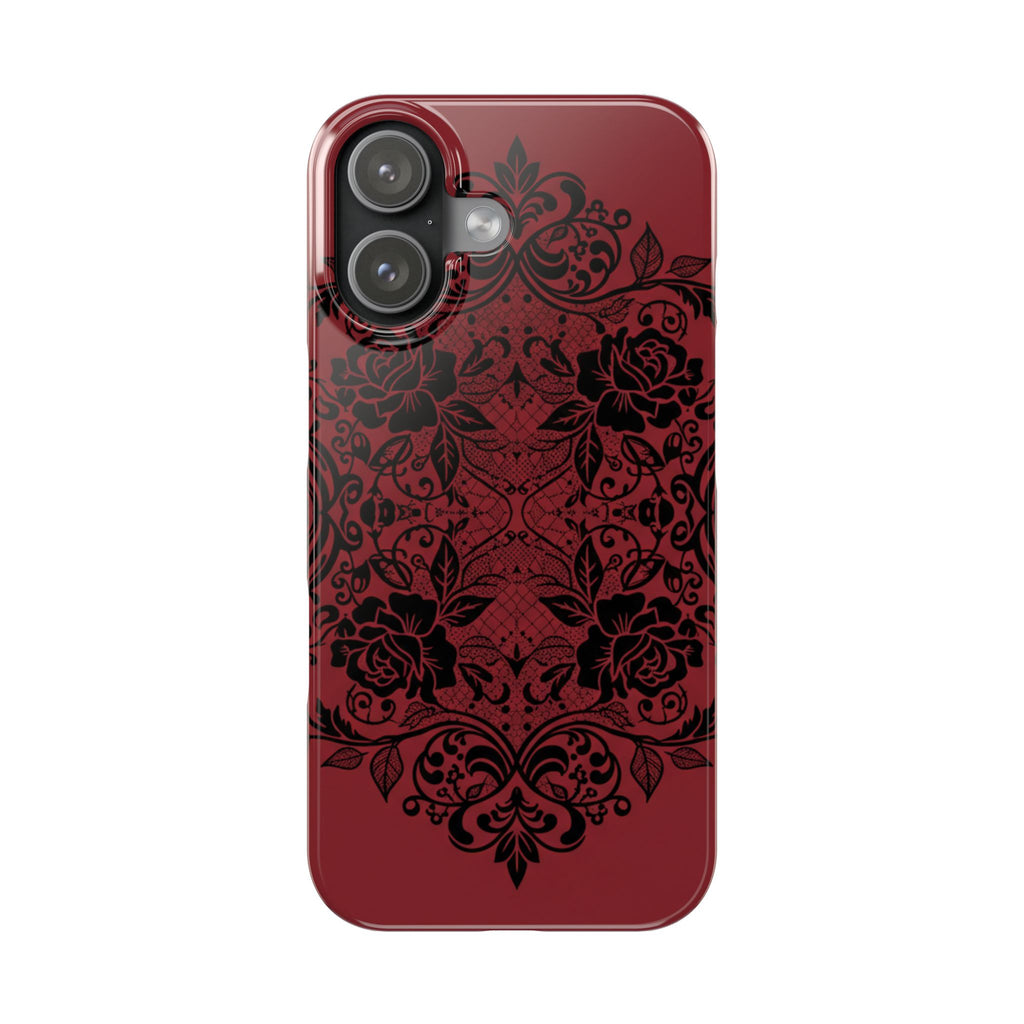Gothic Lace Phone Case — Intricate Black Lace Over Deep Blood Red