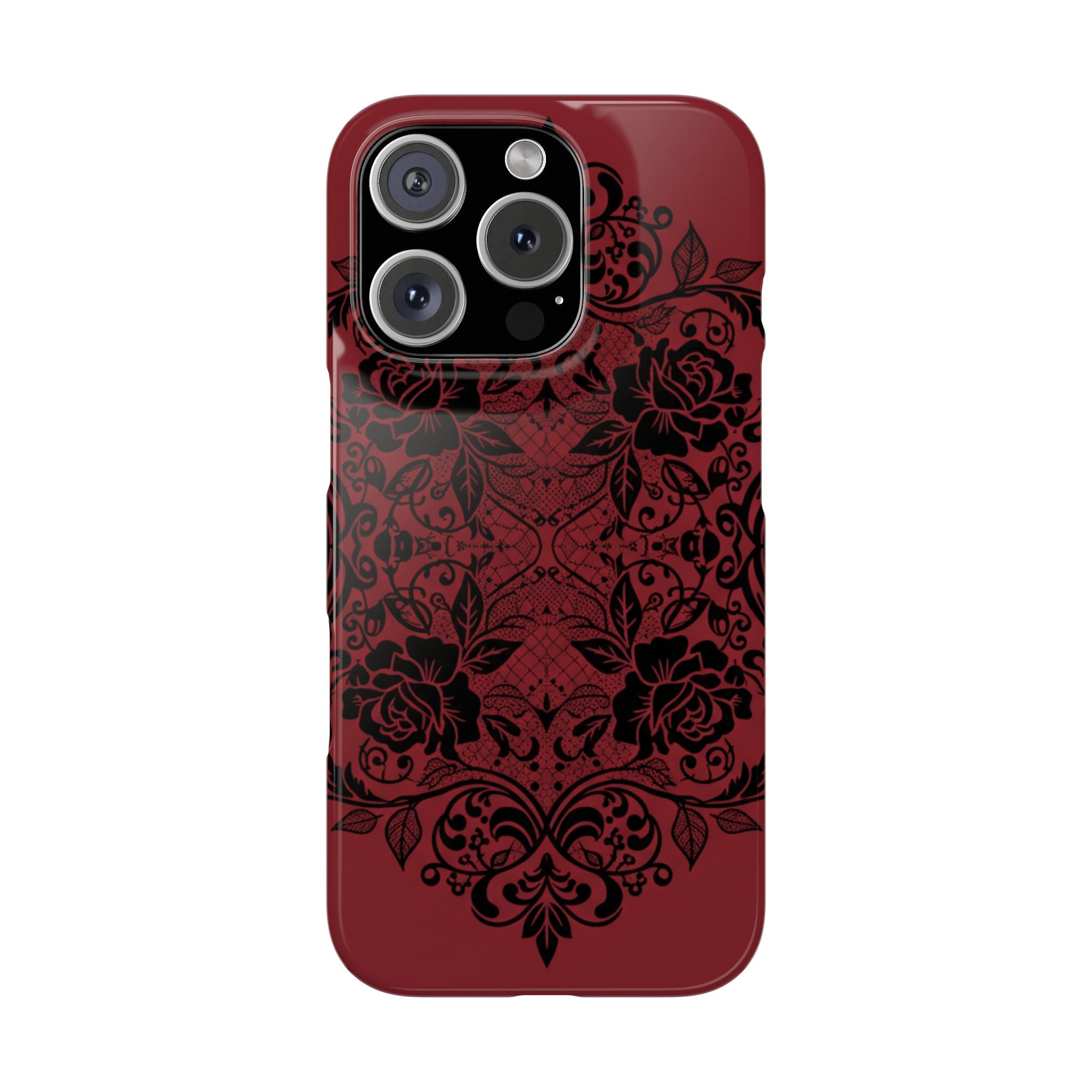 Gothic Lace Phone Case — Intricate Black Lace Over Deep Blood Red