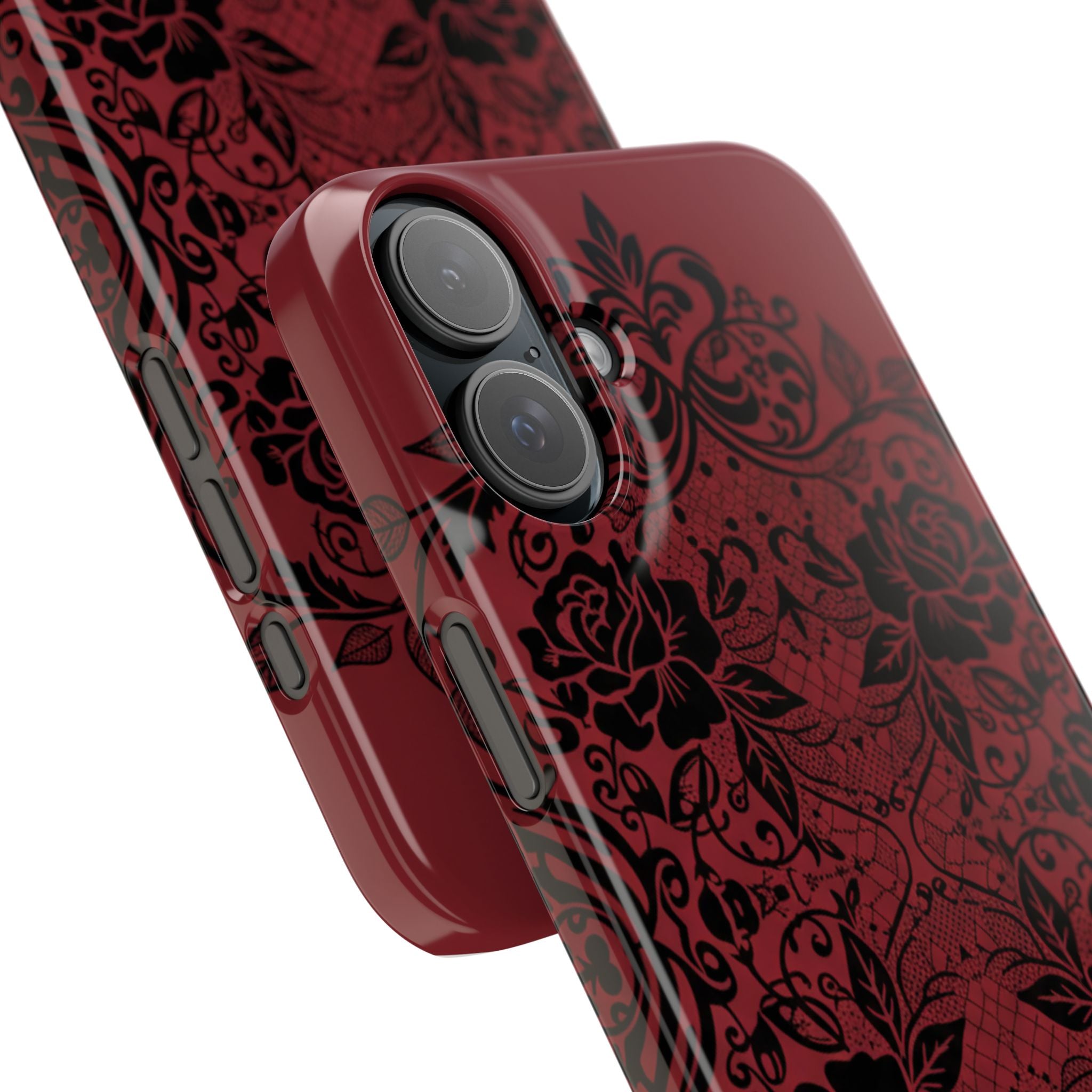 Gothic Lace Phone Case — Intricate Black Lace Over Deep Blood Red