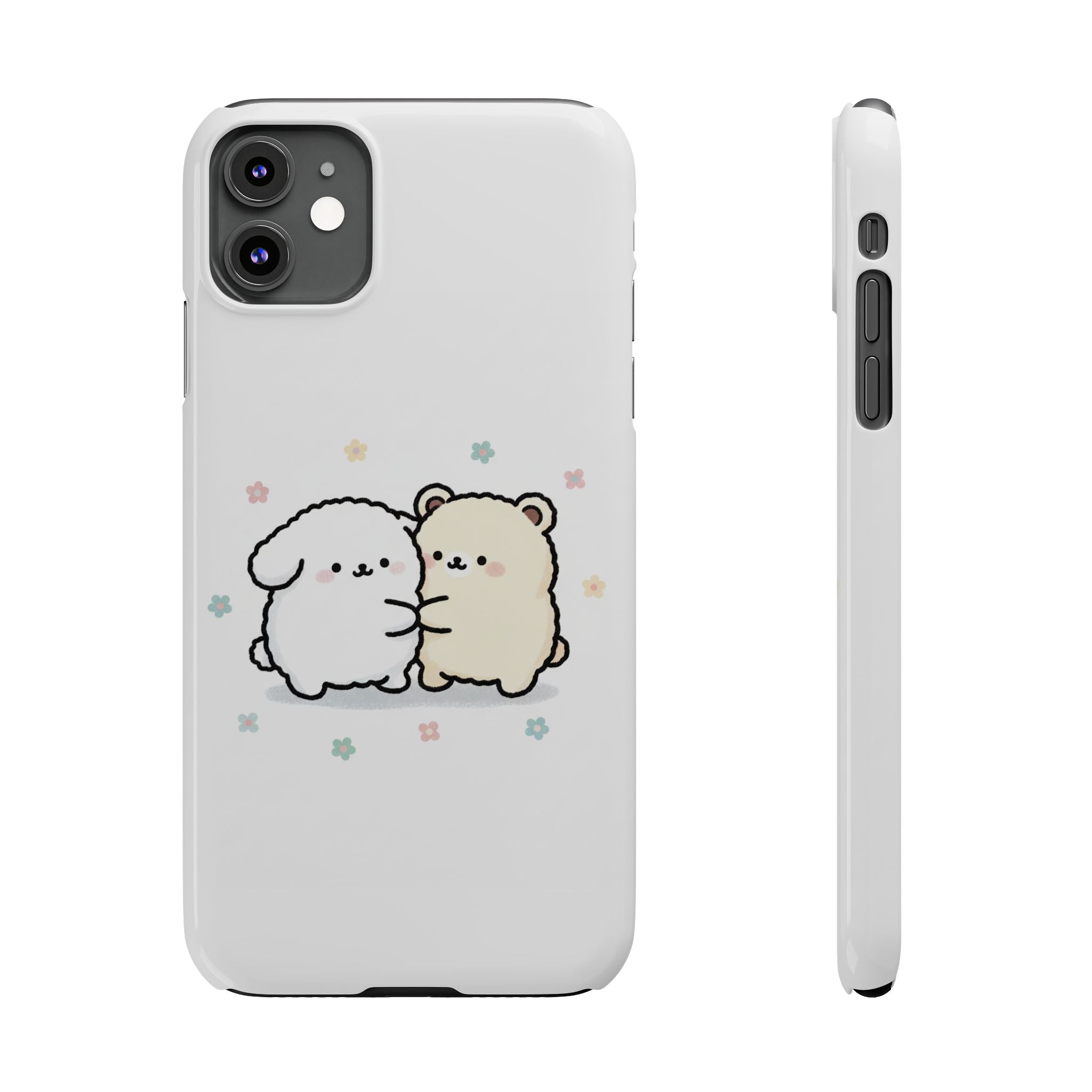 Kawaii Puppy & Bear Hug Slim Phone Case — Pastel Floral Cute Cozy Design
