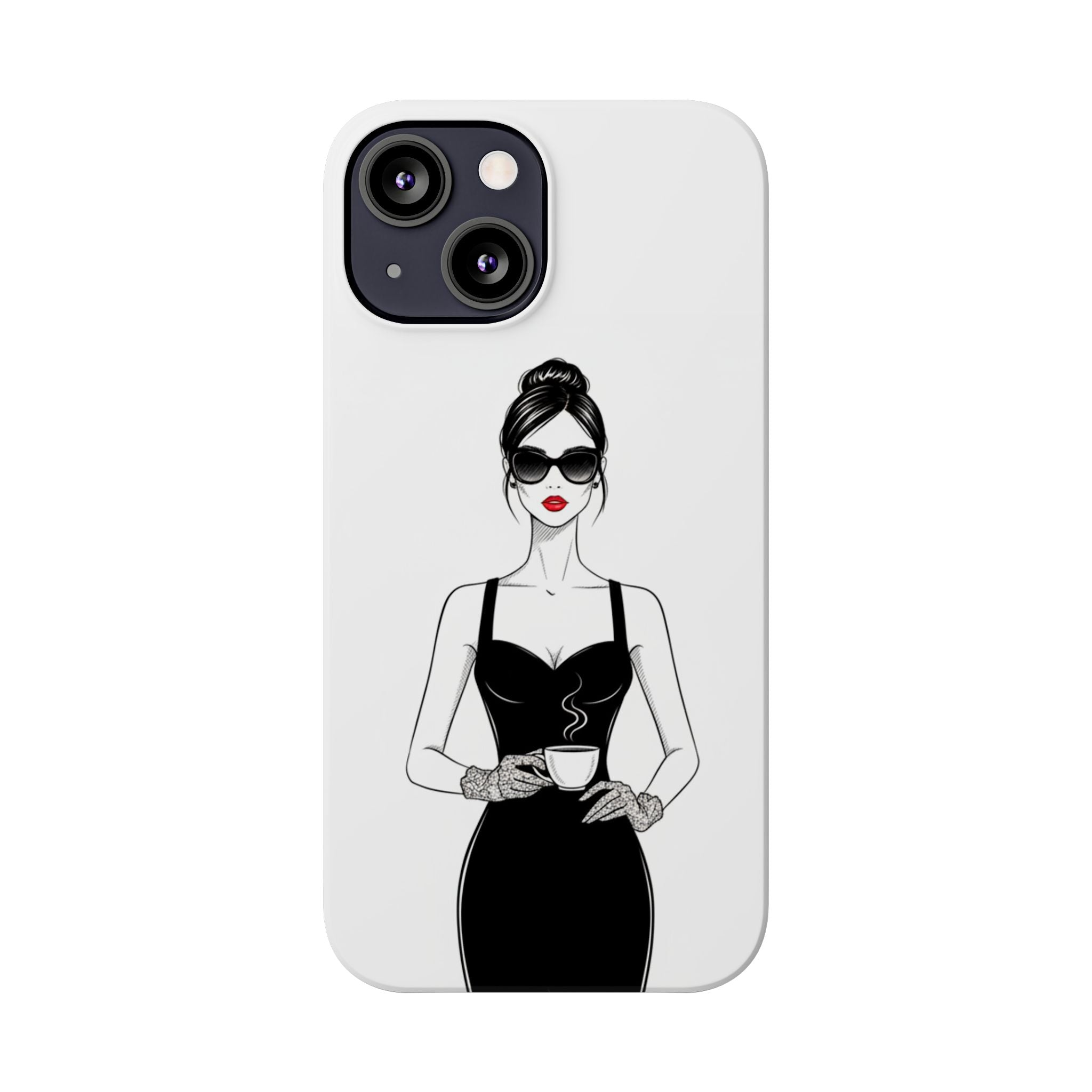 Chic High-Fashion Slim Phone Case — Black Dress Illustration with Red Lip Accent