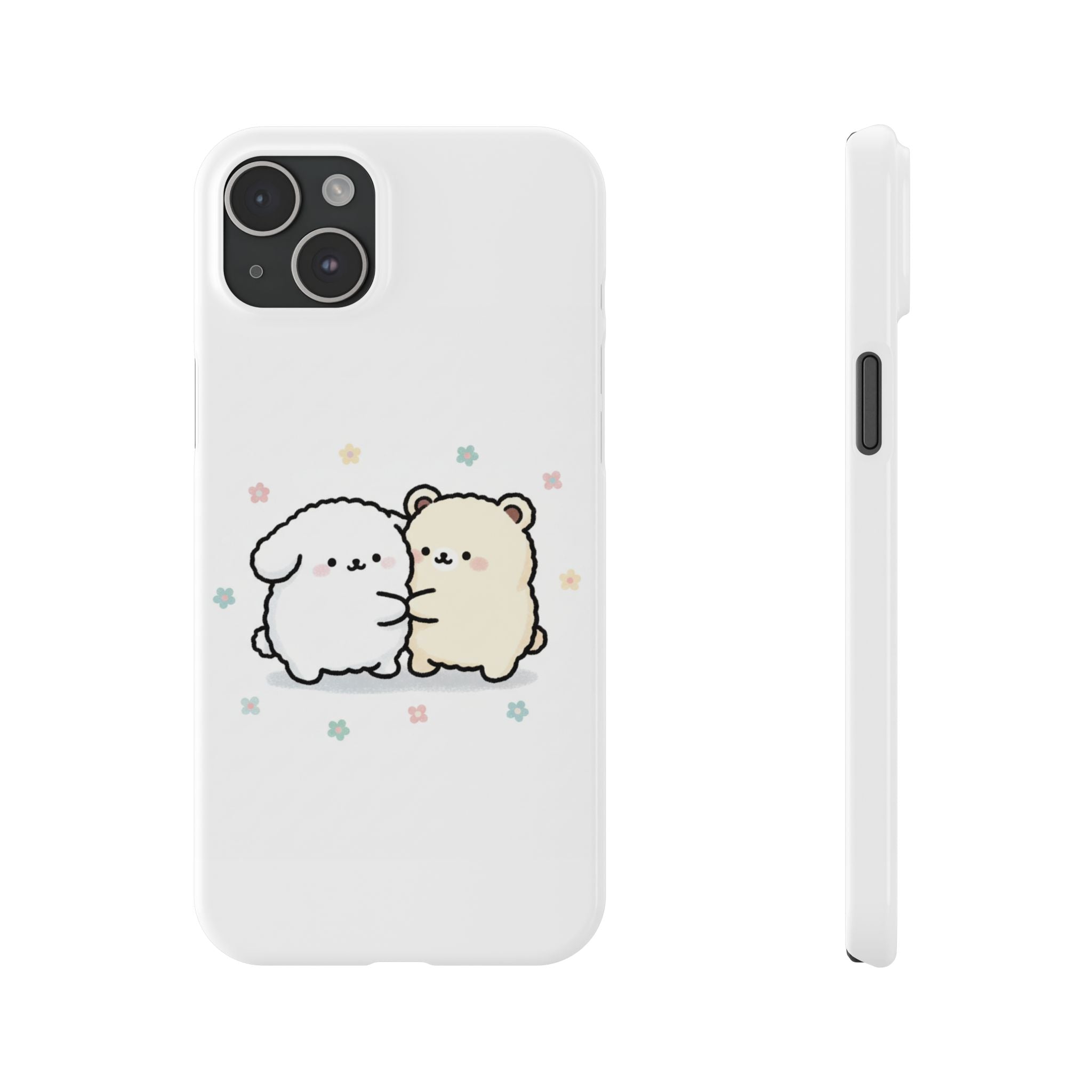 Kawaii Puppy & Bear Hug Slim Phone Case — Pastel Floral Cute Cozy Design