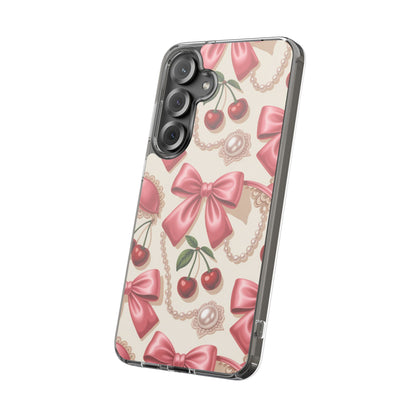 Phone Cases - Coquette Aesthetic Pattern with Pink Satin Bows, Pearls, and Cherries
