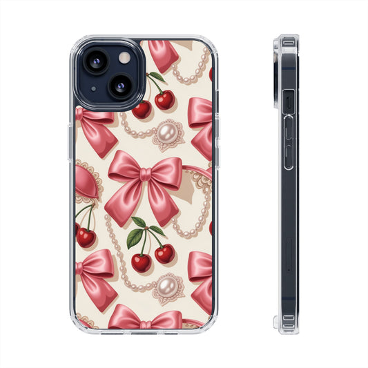 Phone Cases - Coquette Aesthetic Pattern with Pink Satin Bows, Pearls, and Cherries