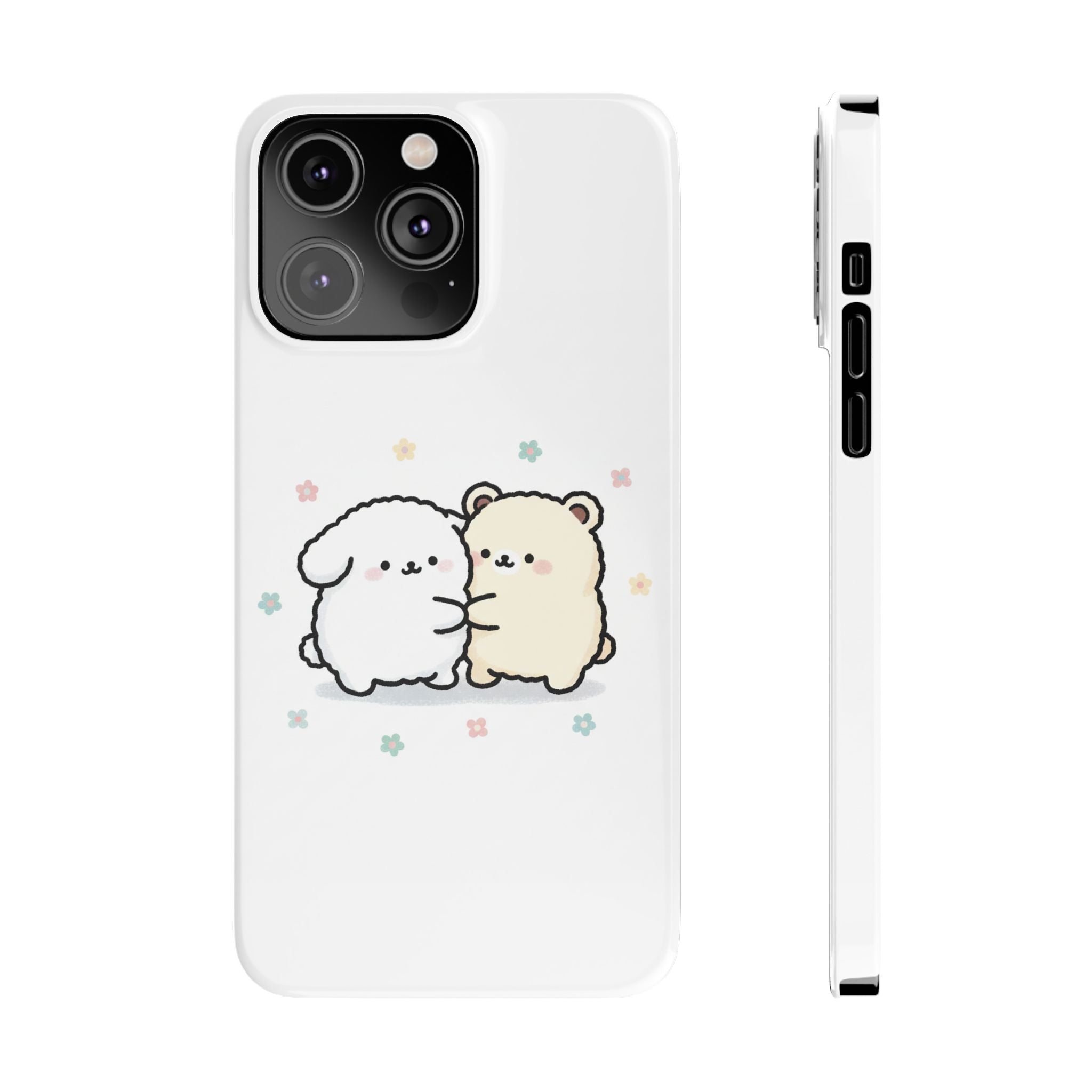Kawaii Puppy & Bear Hug Slim Phone Case — Pastel Floral Cute Cozy Design