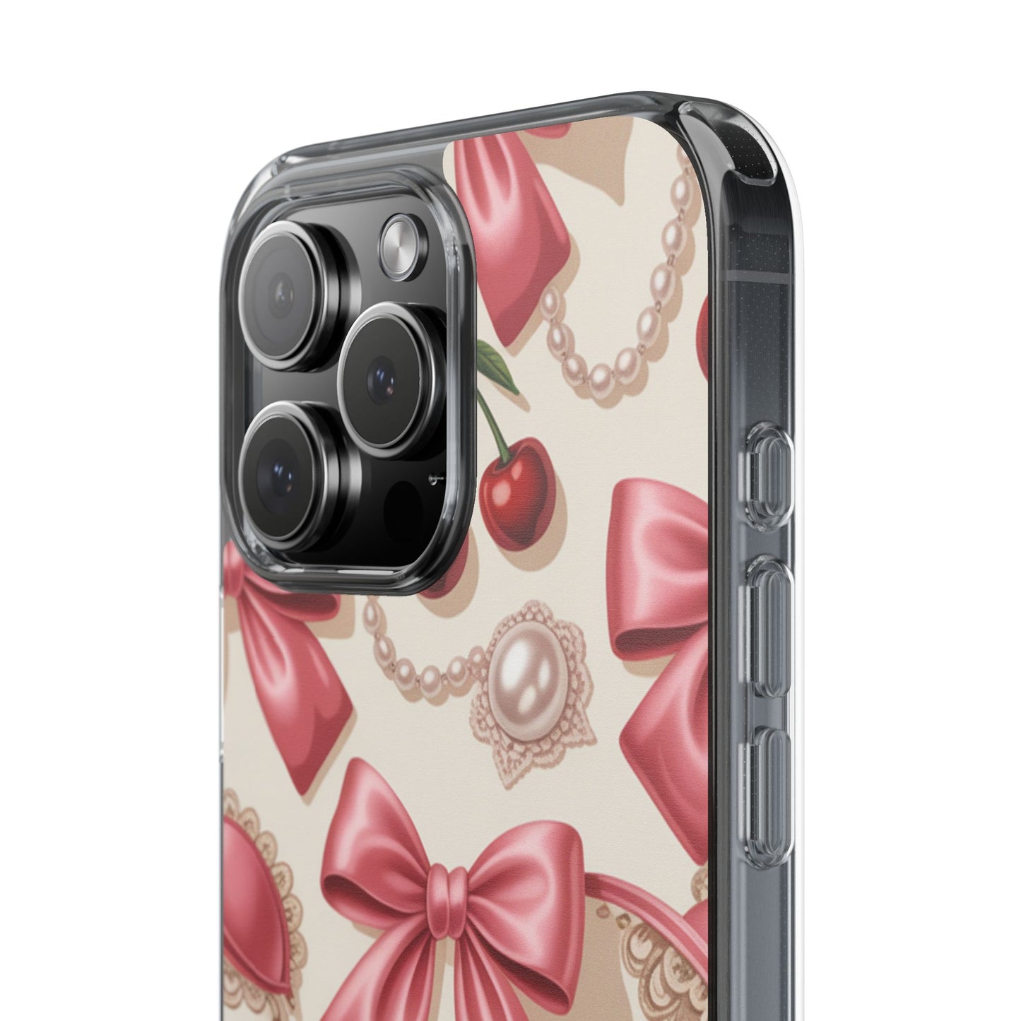 Phone Cases - Coquette Aesthetic Pattern with Pink Satin Bows, Pearls, and Cherries