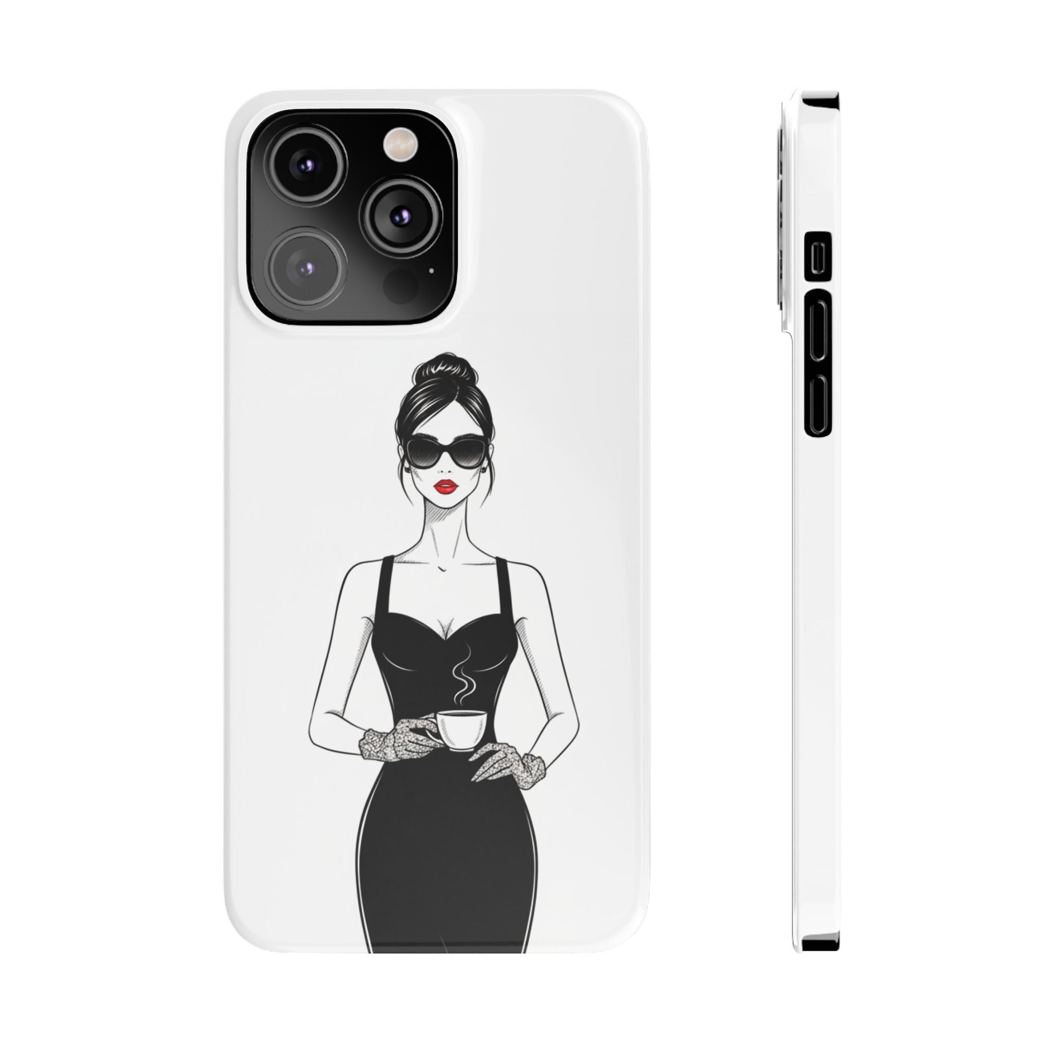 Chic High-Fashion Slim Phone Case — Black Dress Illustration with Red Lip Accent