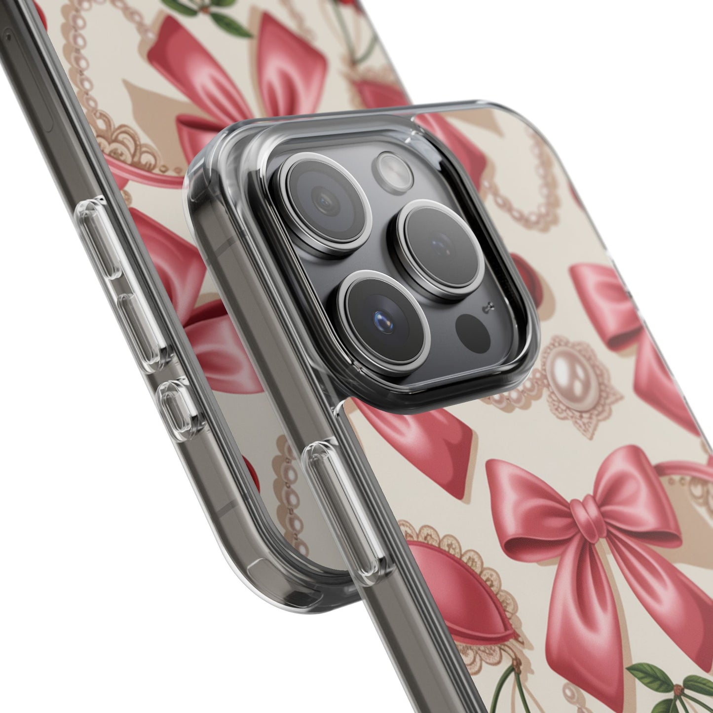 Phone Cases - Coquette Aesthetic Pattern with Pink Satin Bows, Pearls, and Cherries