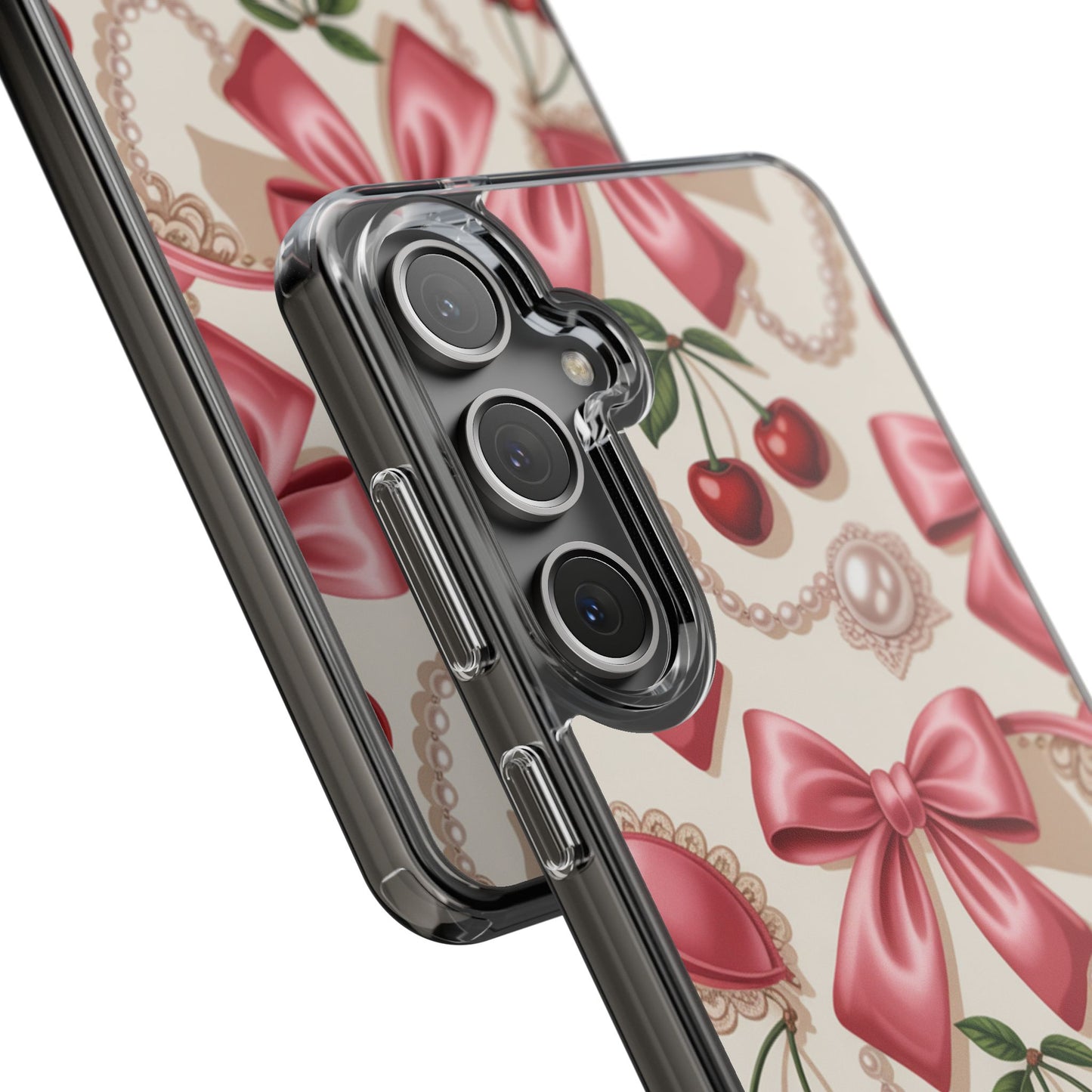 Phone Cases - Coquette Aesthetic Pattern with Pink Satin Bows, Pearls, and Cherries