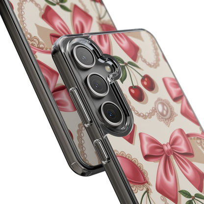 Phone Cases - Coquette Aesthetic Pattern with Pink Satin Bows, Pearls, and Cherries