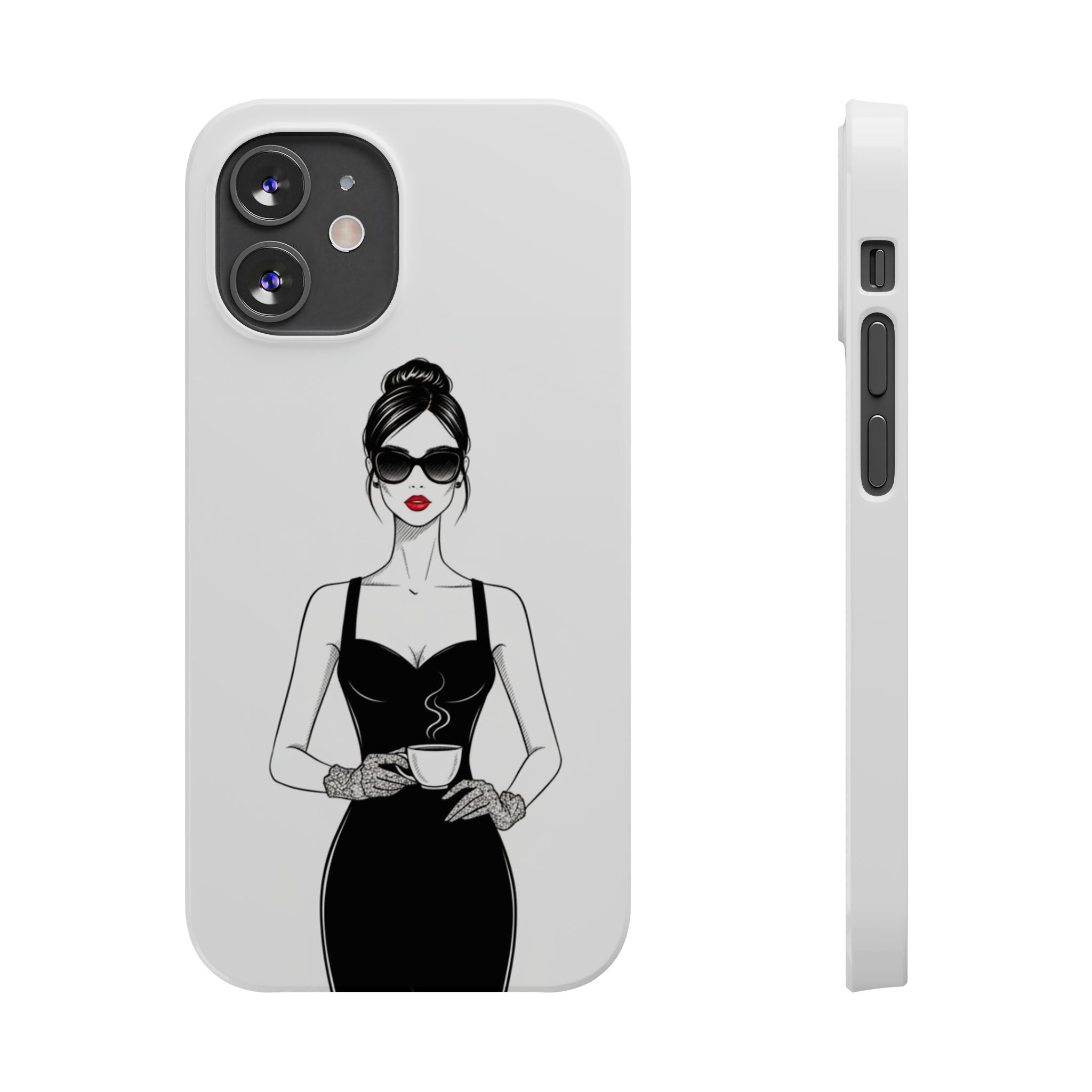 Chic High-Fashion Slim Phone Case — Black Dress Illustration with Red Lip Accent