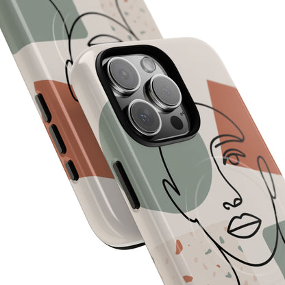 Phone Case - Minimalist Abstract Art Face Design - Sage Green and Terracotta Colors
