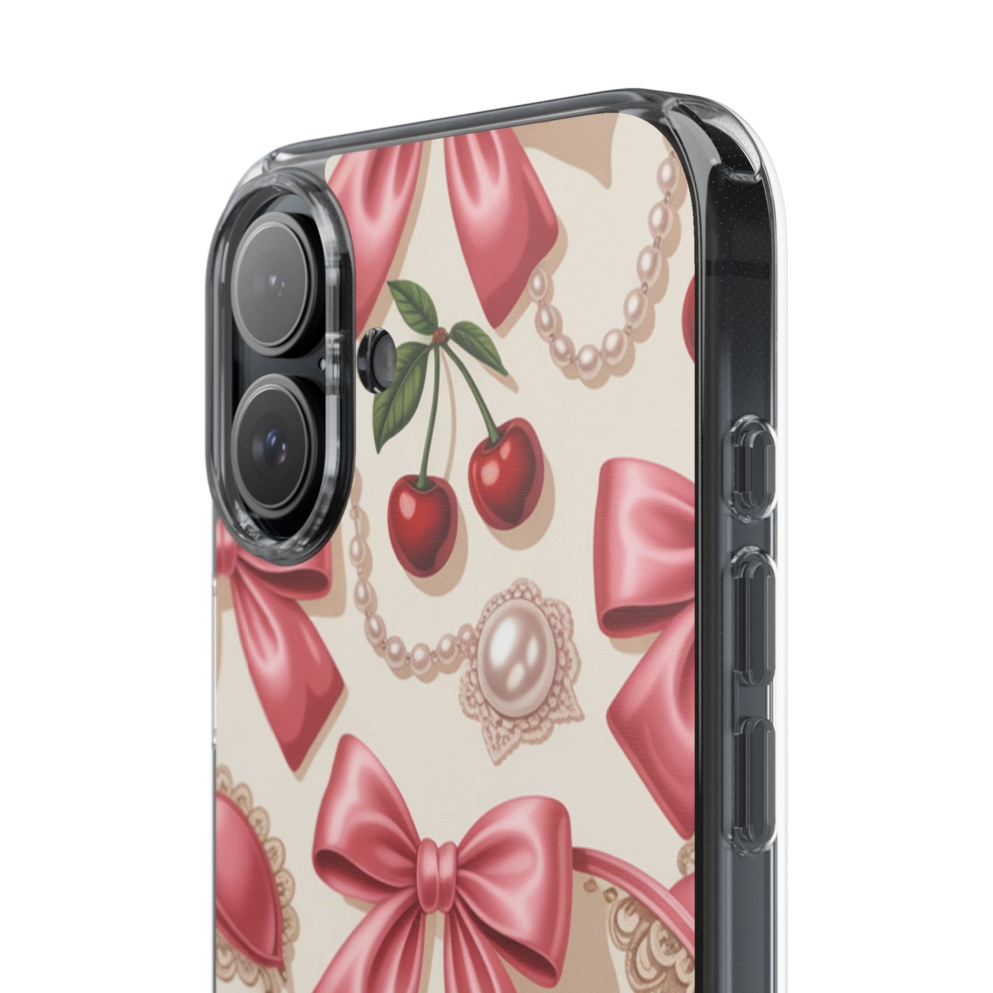 Phone Cases - Coquette Aesthetic Pattern with Pink Satin Bows, Pearls, and Cherries