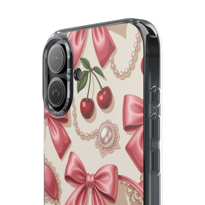 Phone Cases - Coquette Aesthetic Pattern with Pink Satin Bows, Pearls, and Cherries