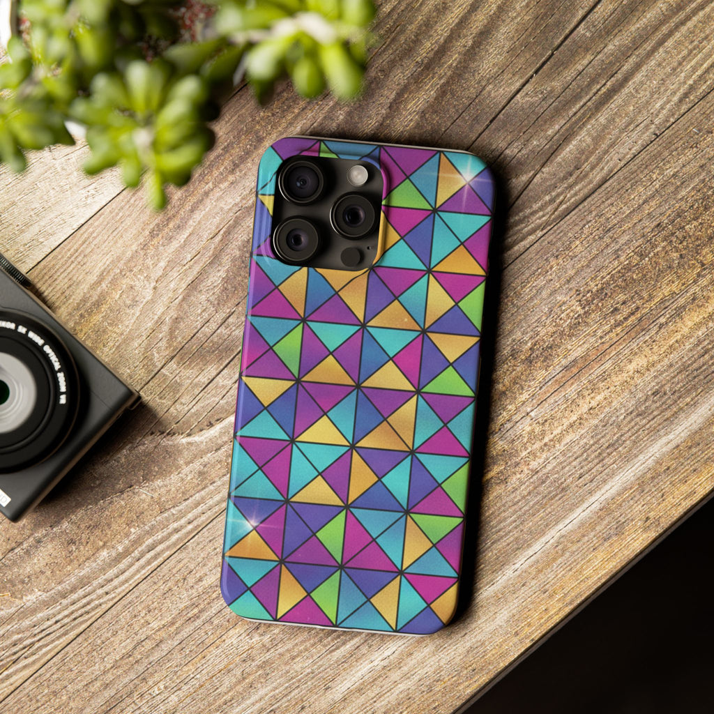 Holographic Iridescent Geometric Phone Case — Rainbow Foil Shard Design