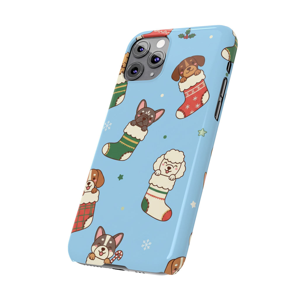 Dog Breeds Christmas Stocking Phone Case — Cute Puppy Pattern on Light Blue