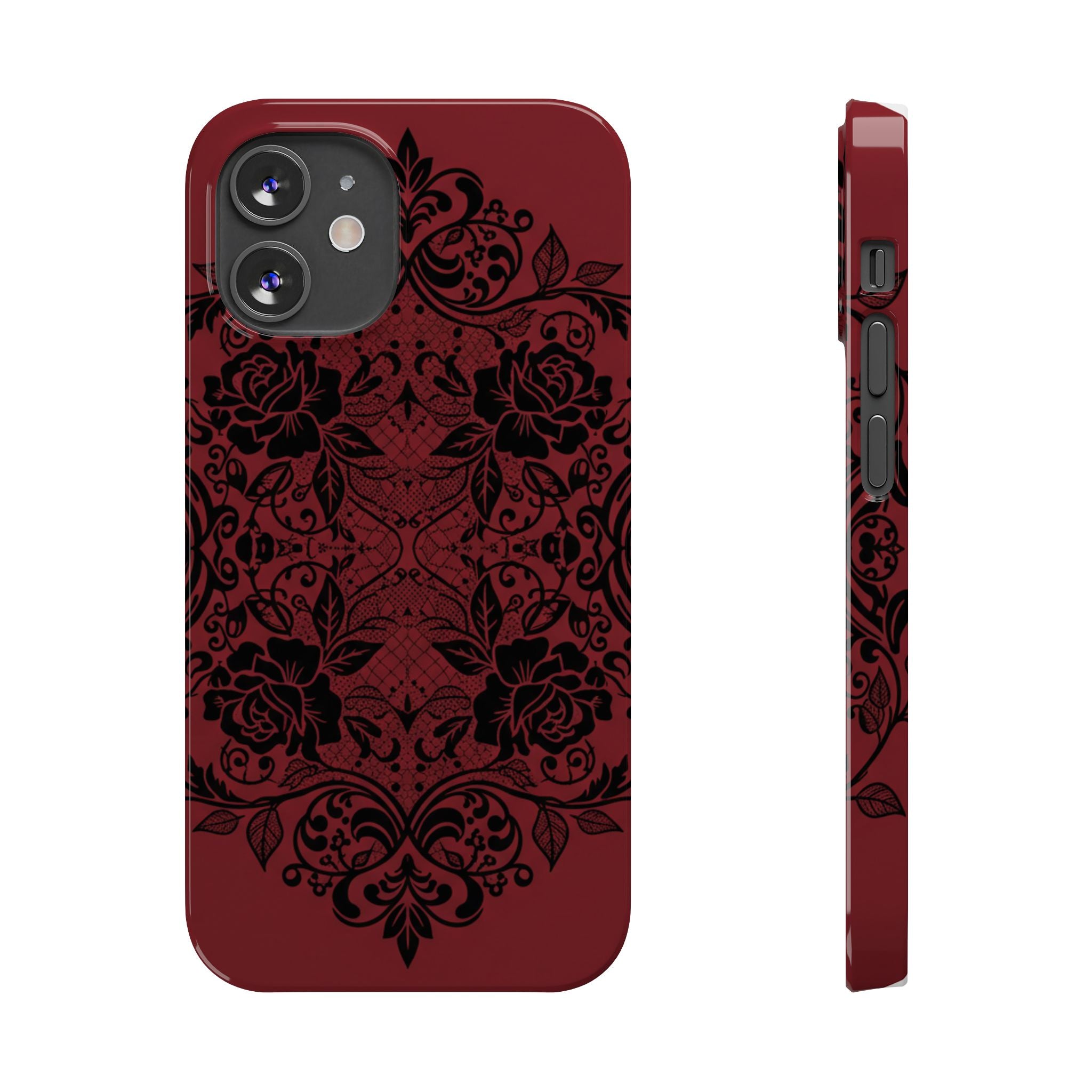 Gothic Lace Phone Case — Intricate Black Lace Over Deep Blood Red