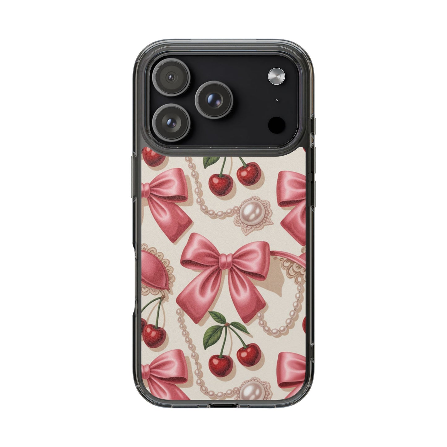 Phone Cases - Coquette Aesthetic Pattern with Pink Satin Bows, Pearls, and Cherries
