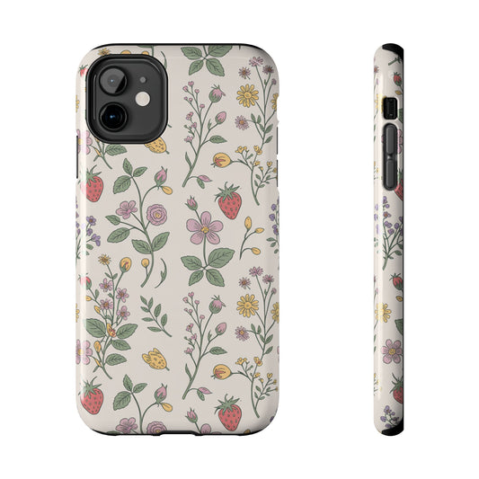 Phone Cases - Cottagecore Wildflower and Strawberry Vintage Botanical Pattern