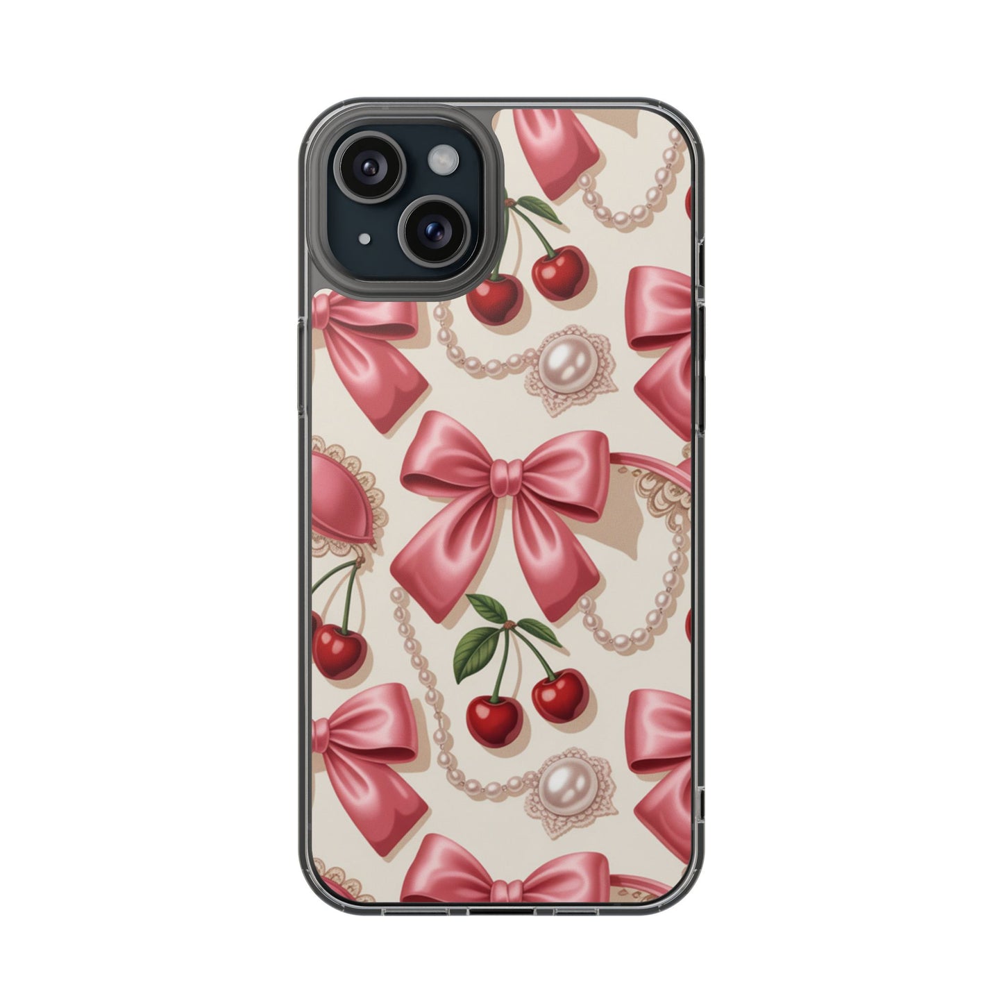 Phone Cases - Coquette Aesthetic Pattern with Pink Satin Bows, Pearls, and Cherries