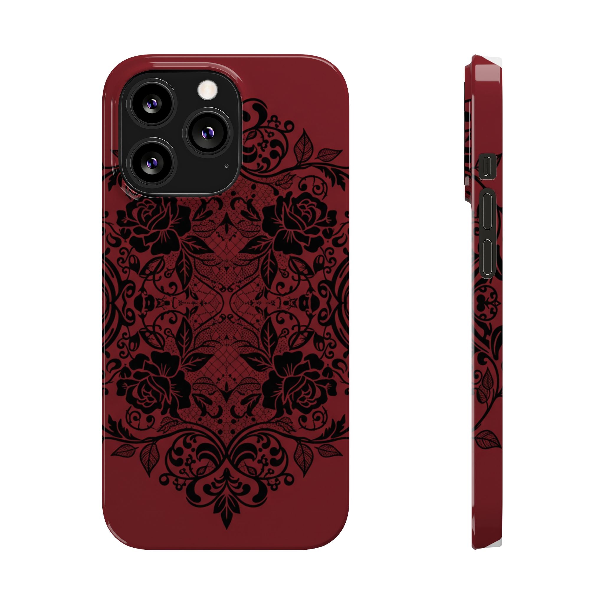 Gothic Lace Phone Case — Intricate Black Lace Over Deep Blood Red