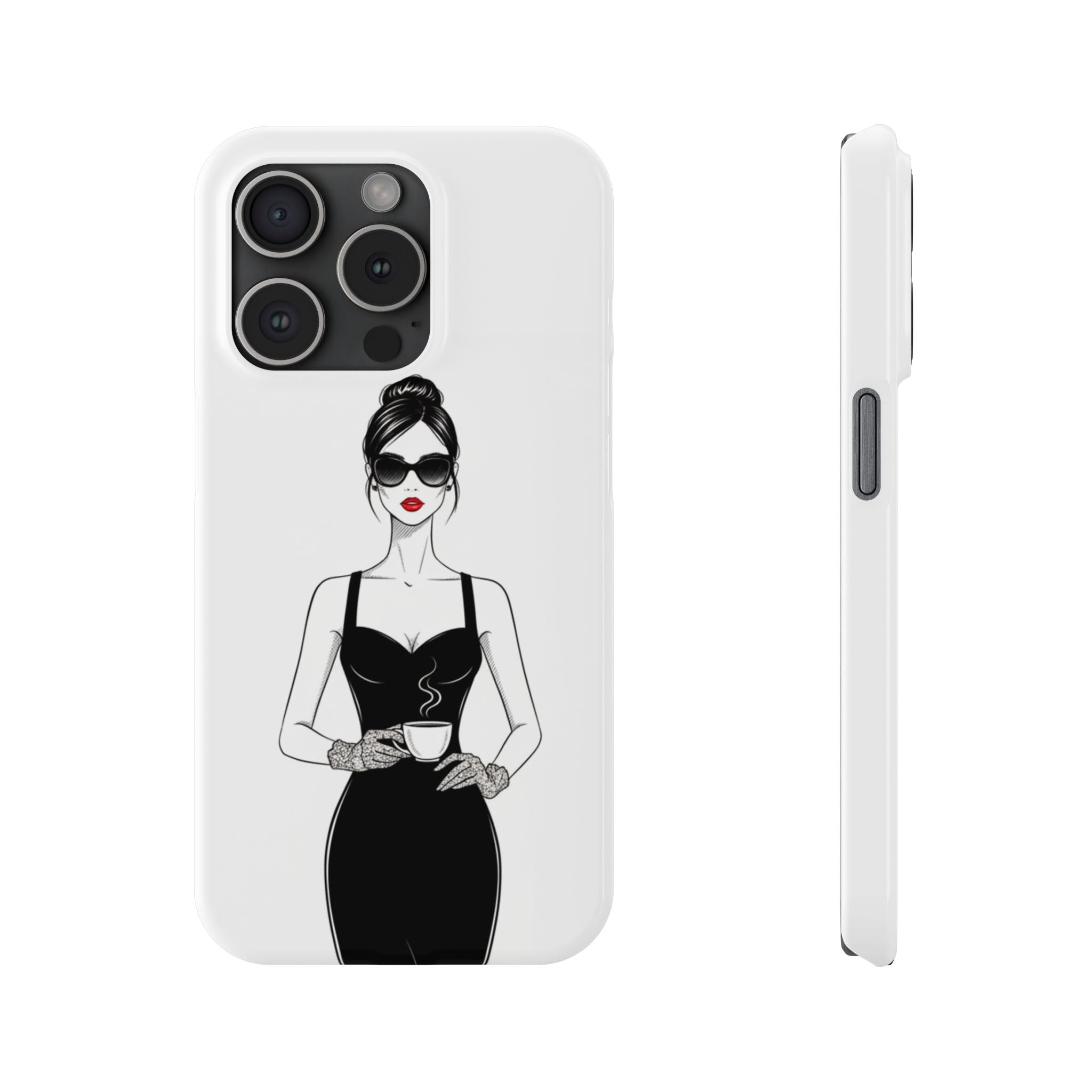 Chic High-Fashion Slim Phone Case — Black Dress Illustration with Red Lip Accent
