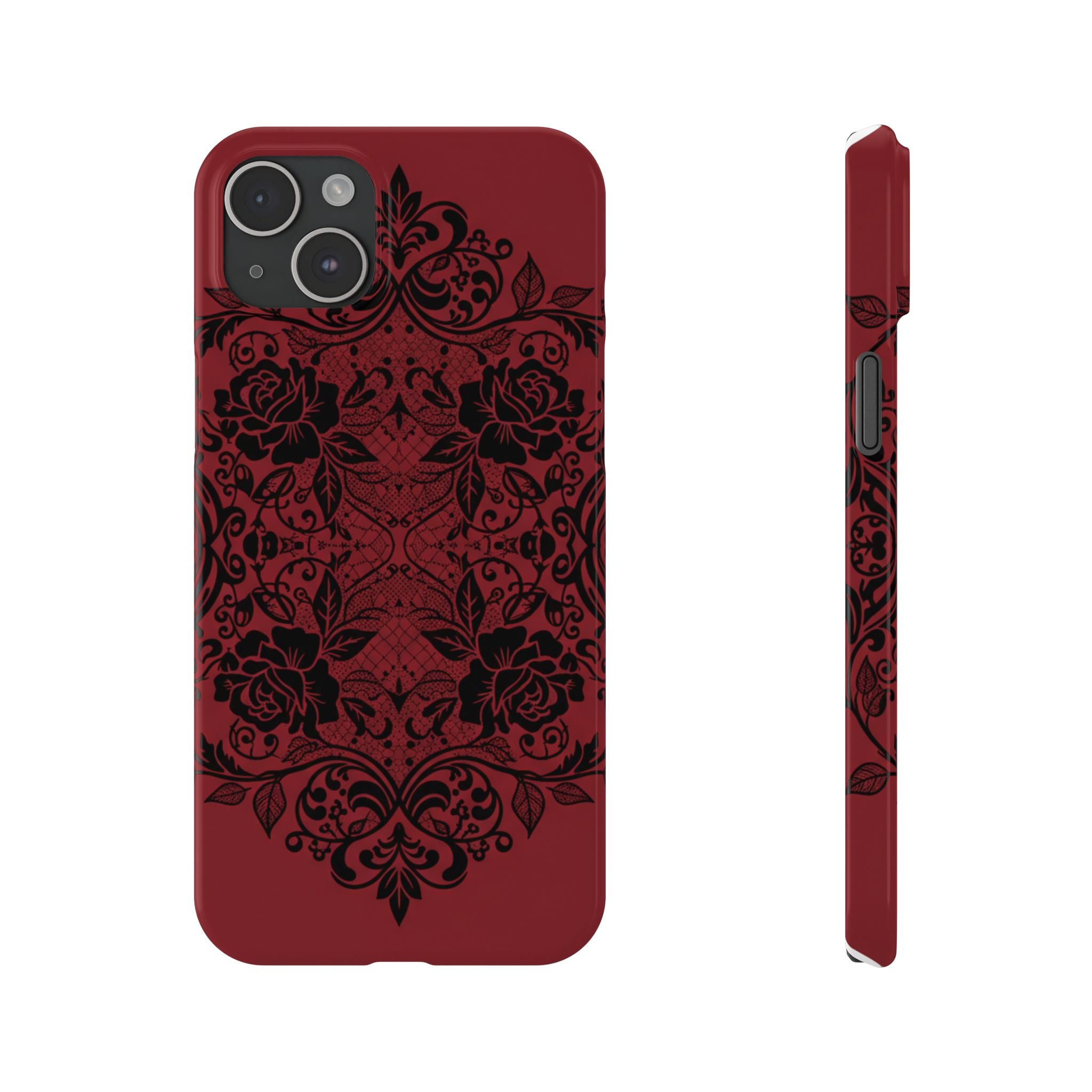 Gothic Lace Phone Case — Intricate Black Lace Over Deep Blood Red