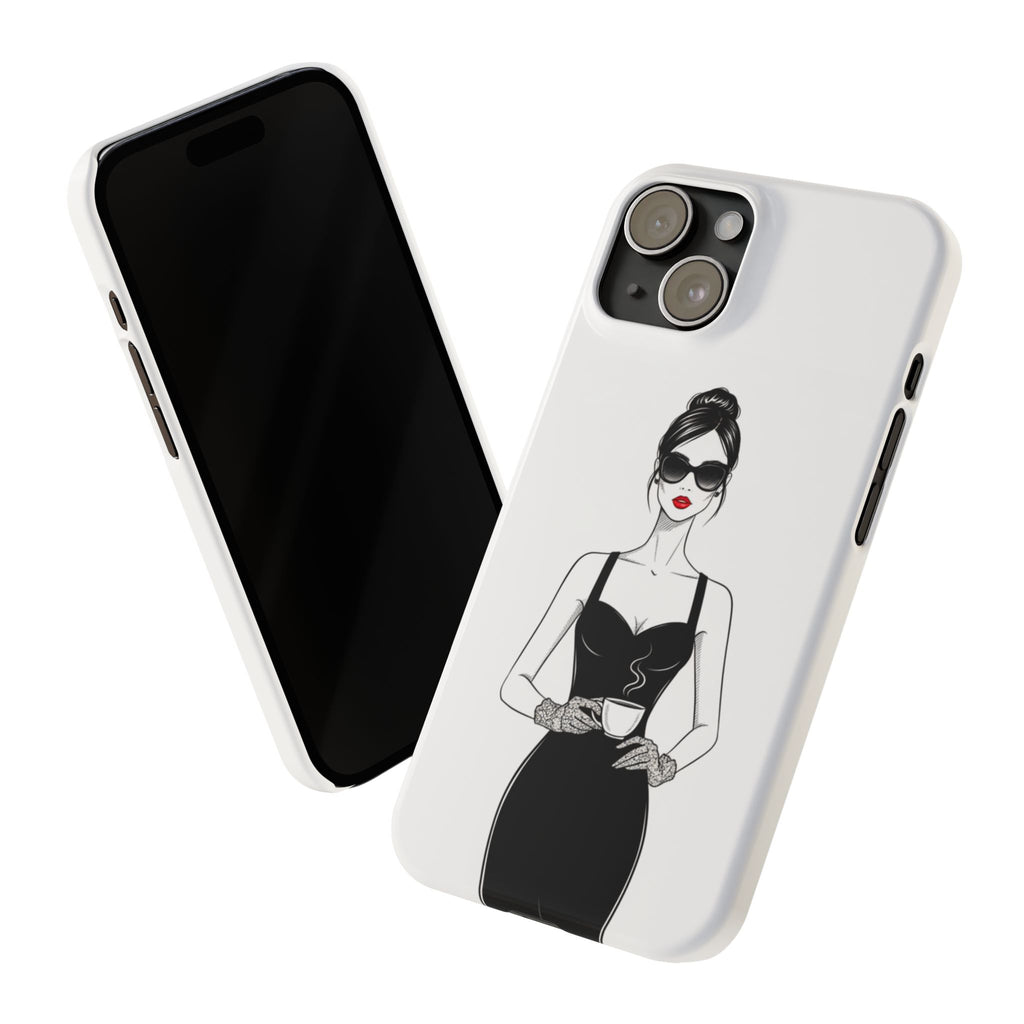 Chic High-Fashion Slim Phone Case — Black Dress Illustration with Red Lip Accent