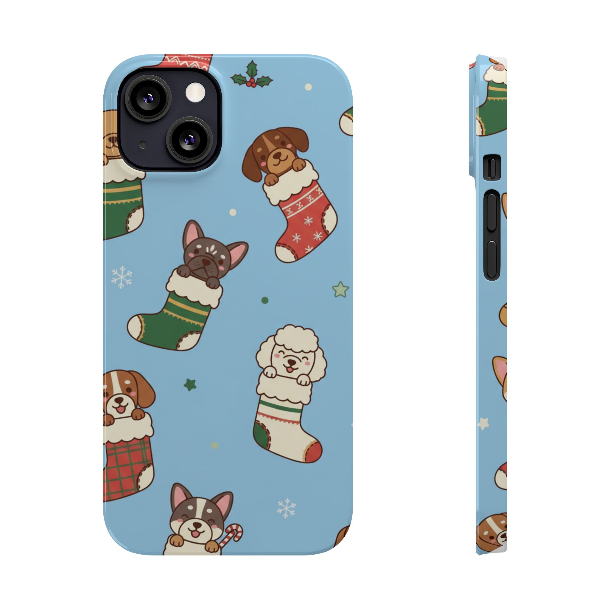 Dog Breeds Christmas Stocking Phone Case — Cute Puppy Pattern on Light Blue