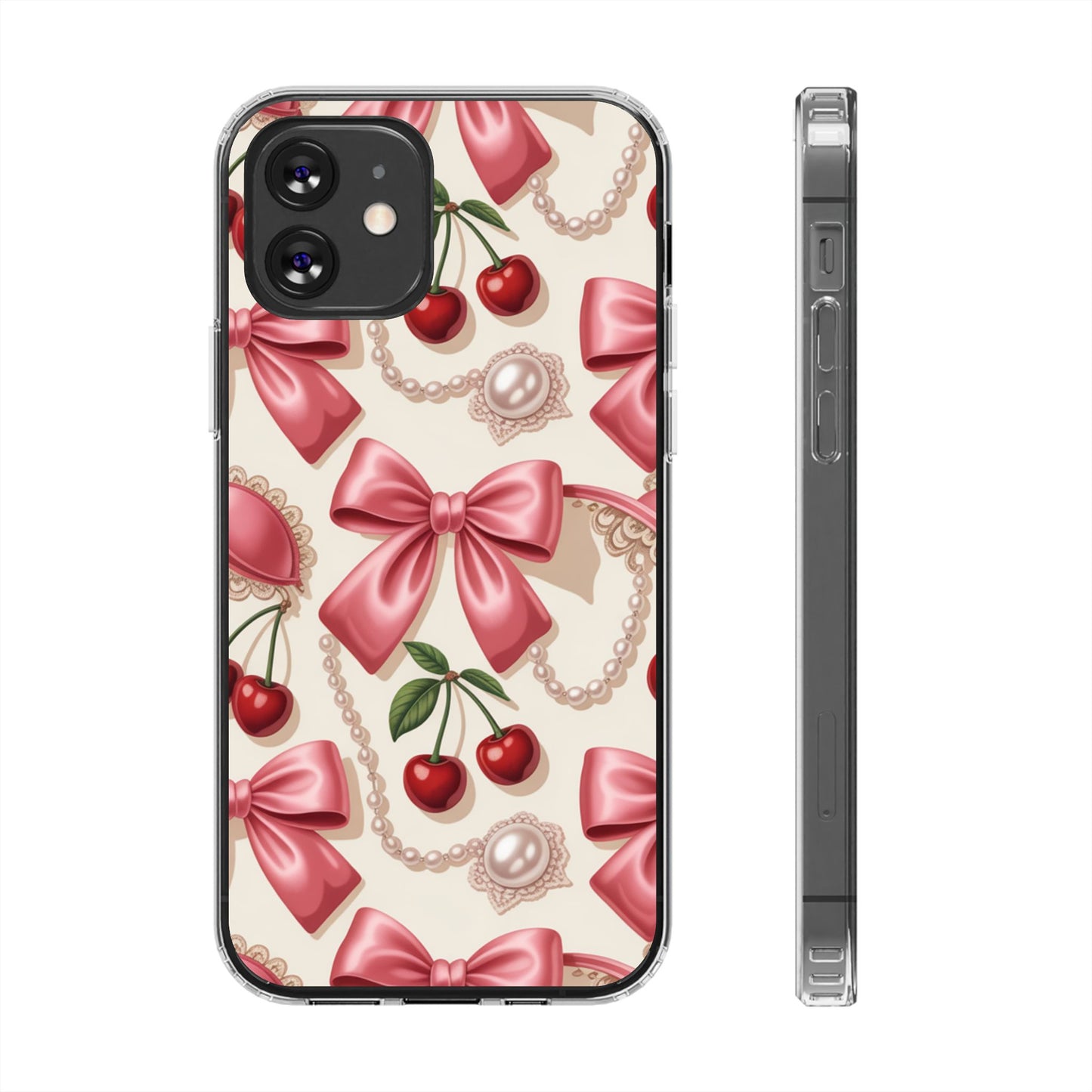 Phone Cases - Coquette Aesthetic Pattern with Pink Satin Bows, Pearls, and Cherries