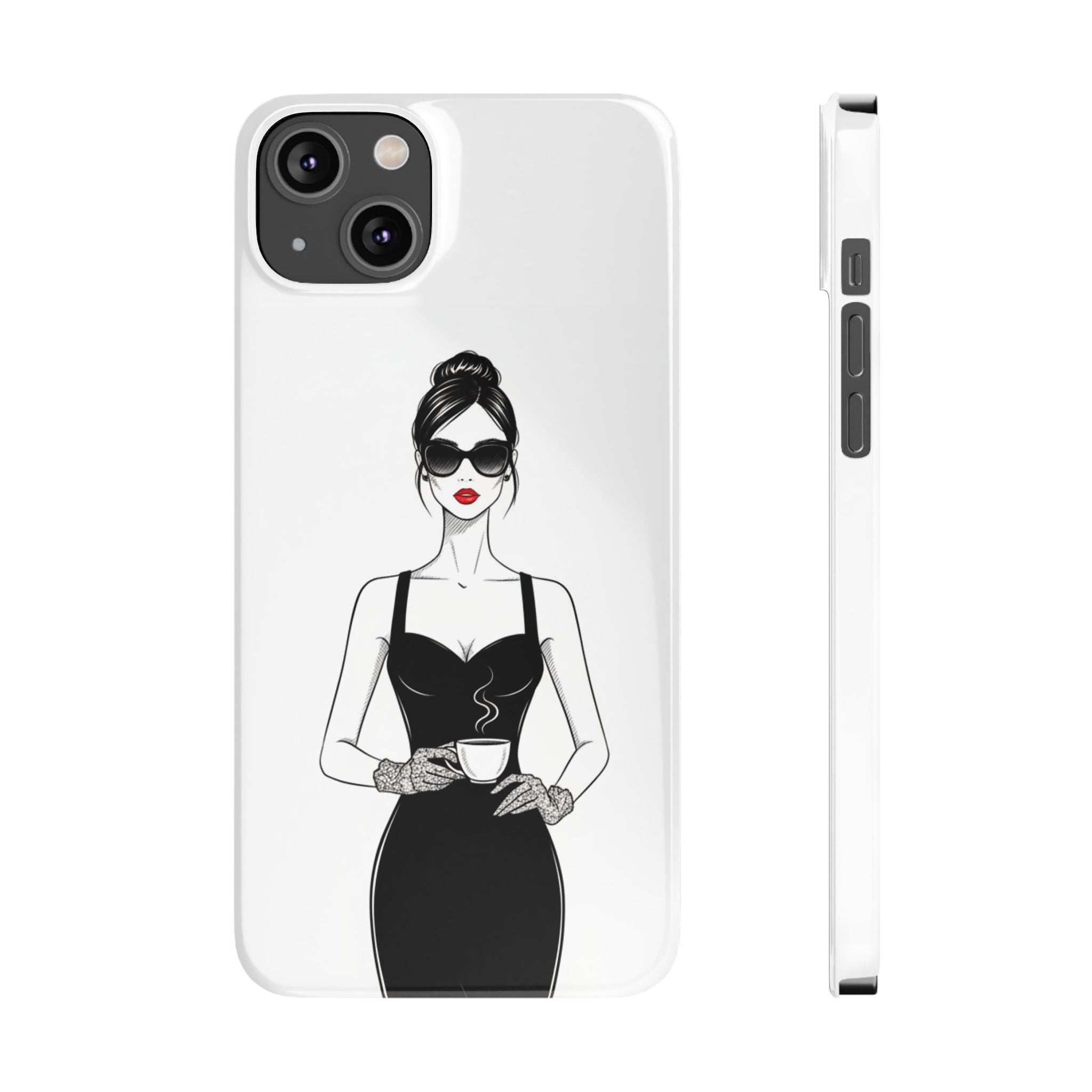 Chic High-Fashion Slim Phone Case — Black Dress Illustration with Red Lip Accent