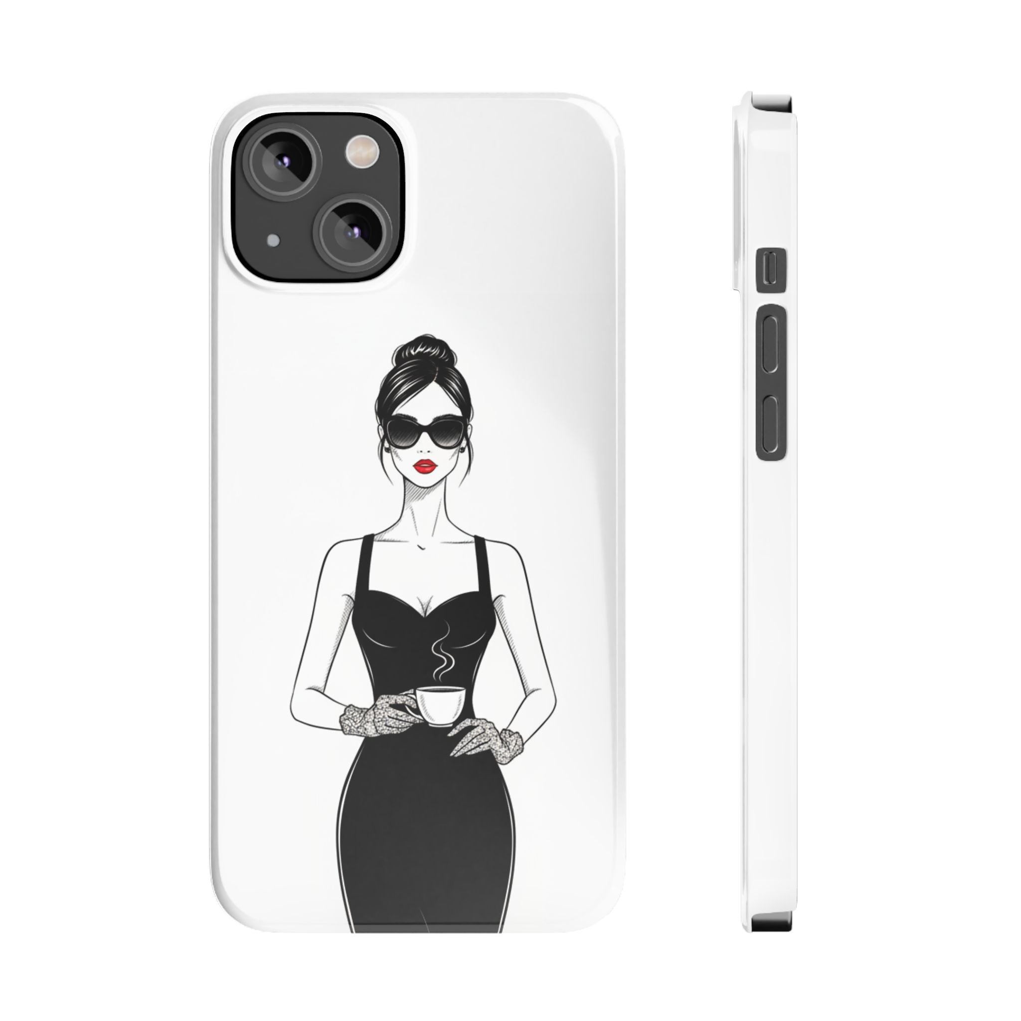 Chic High-Fashion Slim Phone Case — Black Dress Illustration with Red Lip Accent