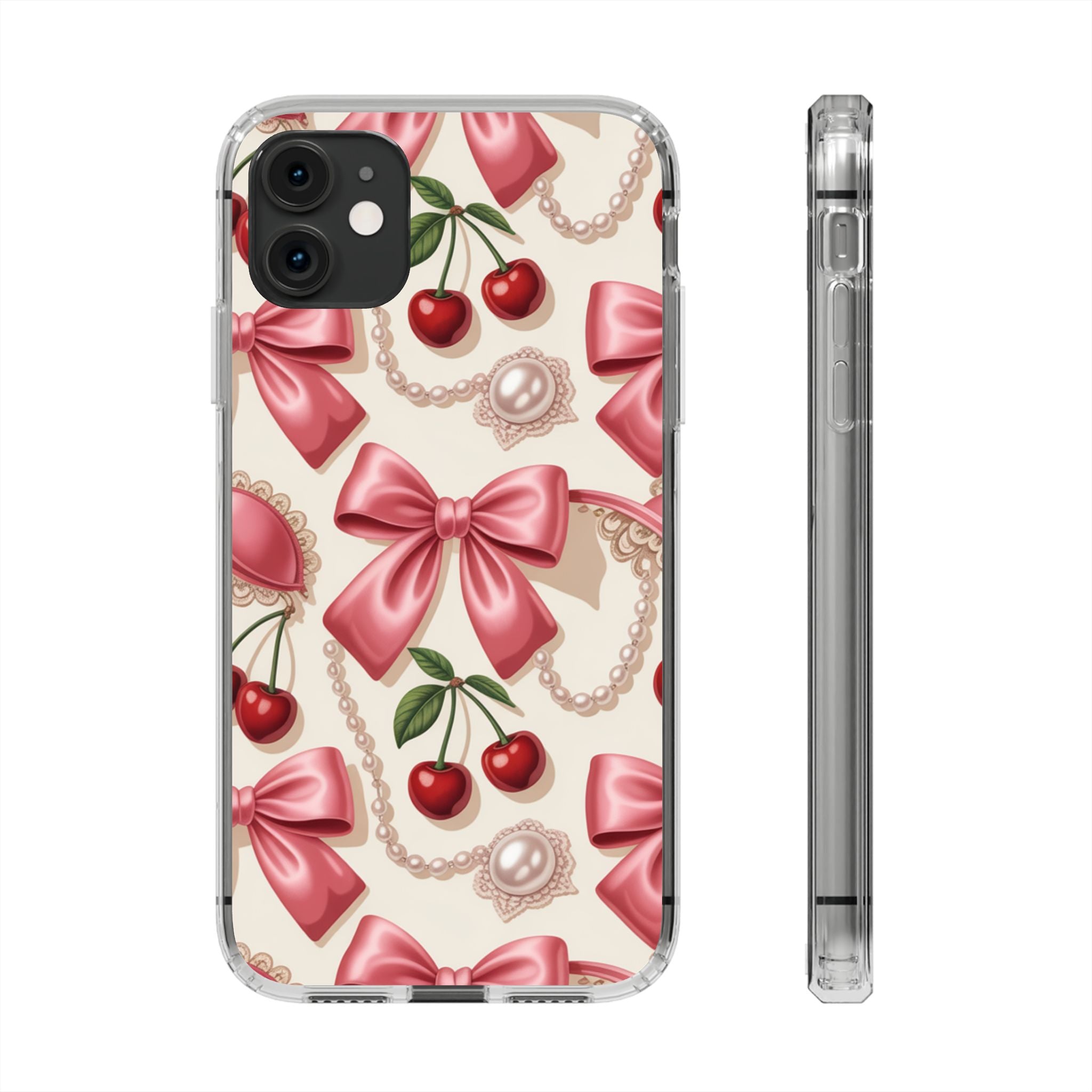 Phone Cases - Coquette Aesthetic Pattern with Pink Satin Bows, Pearls, and Cherries