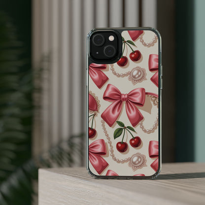 Phone Cases - Coquette Aesthetic Pattern with Pink Satin Bows, Pearls, and Cherries