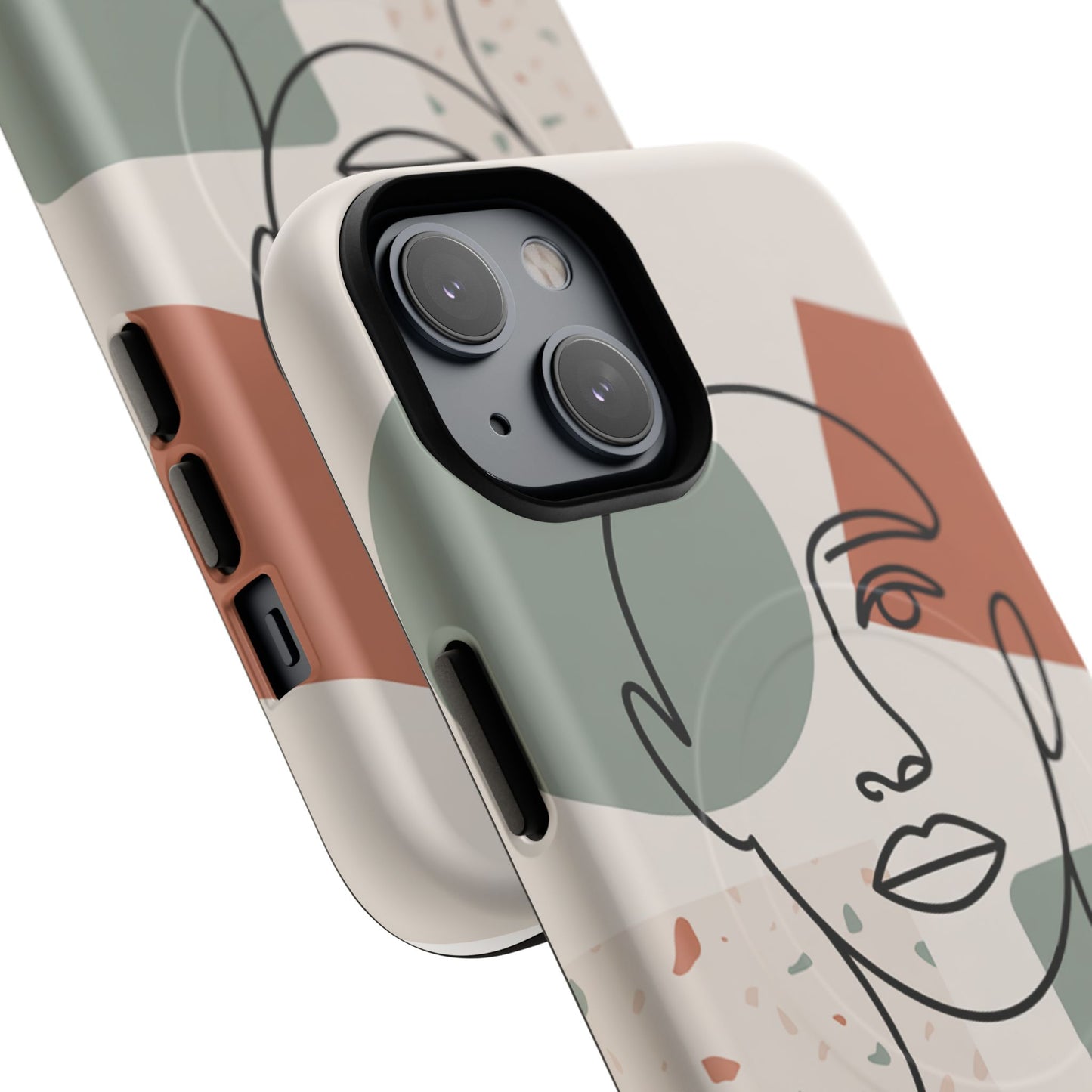 Phone Case - Minimalist Abstract Art Face Design - Sage Green and Terracotta Colors