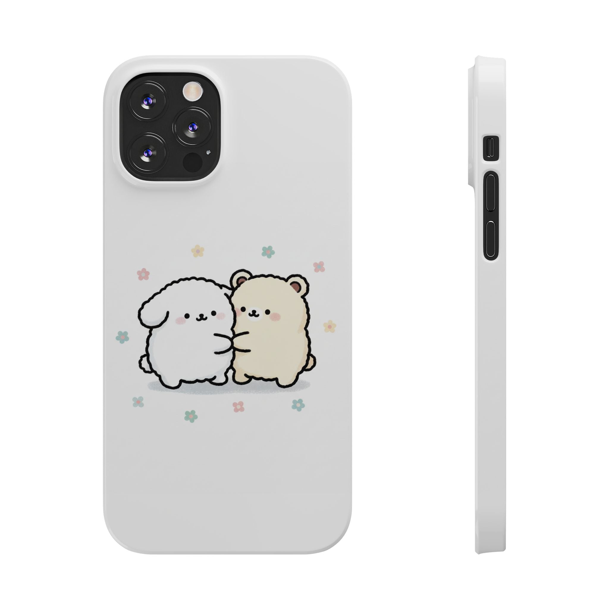 Kawaii Puppy & Bear Hug Slim Phone Case — Pastel Floral Cute Cozy Design