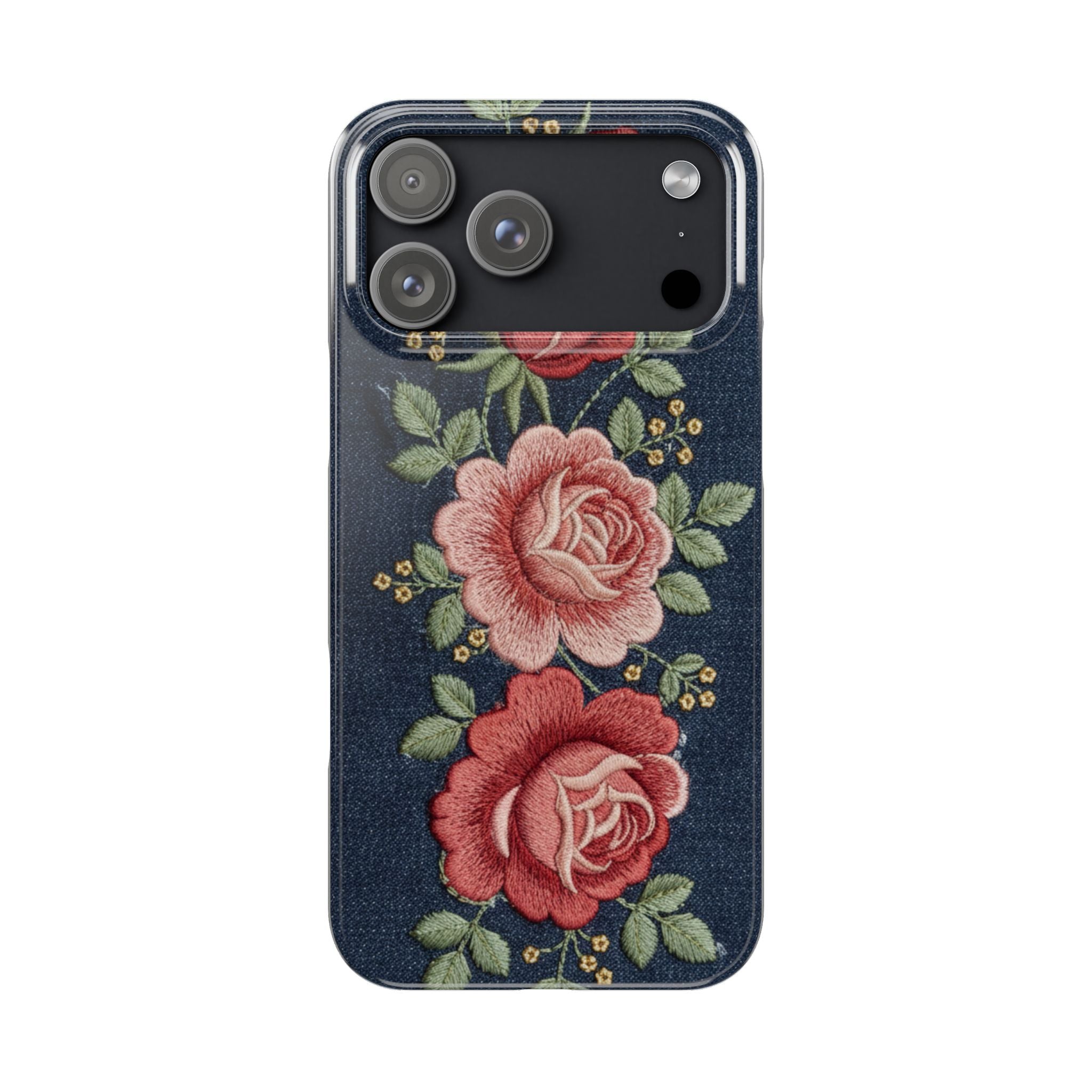 Denim Floral Embroidered Slim Phone Case — Stitched Roses & Vines