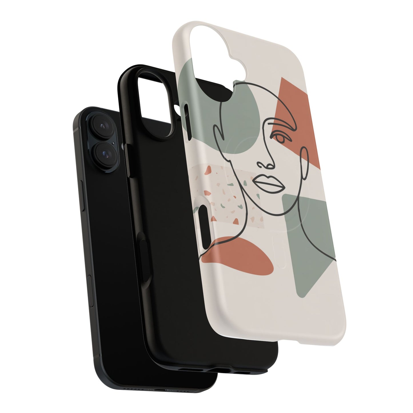 Phone Case - Minimalist Abstract Art Face Design - Sage Green and Terracotta Colors