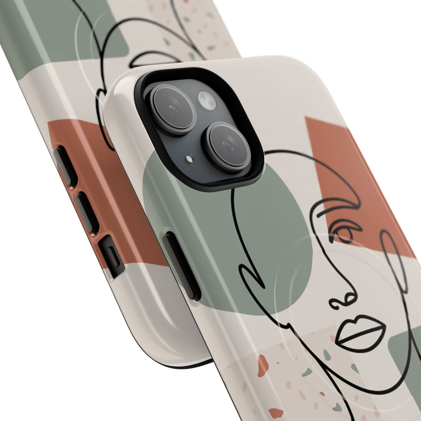 Phone Case - Minimalist Abstract Art Face Design - Sage Green and Terracotta Colors