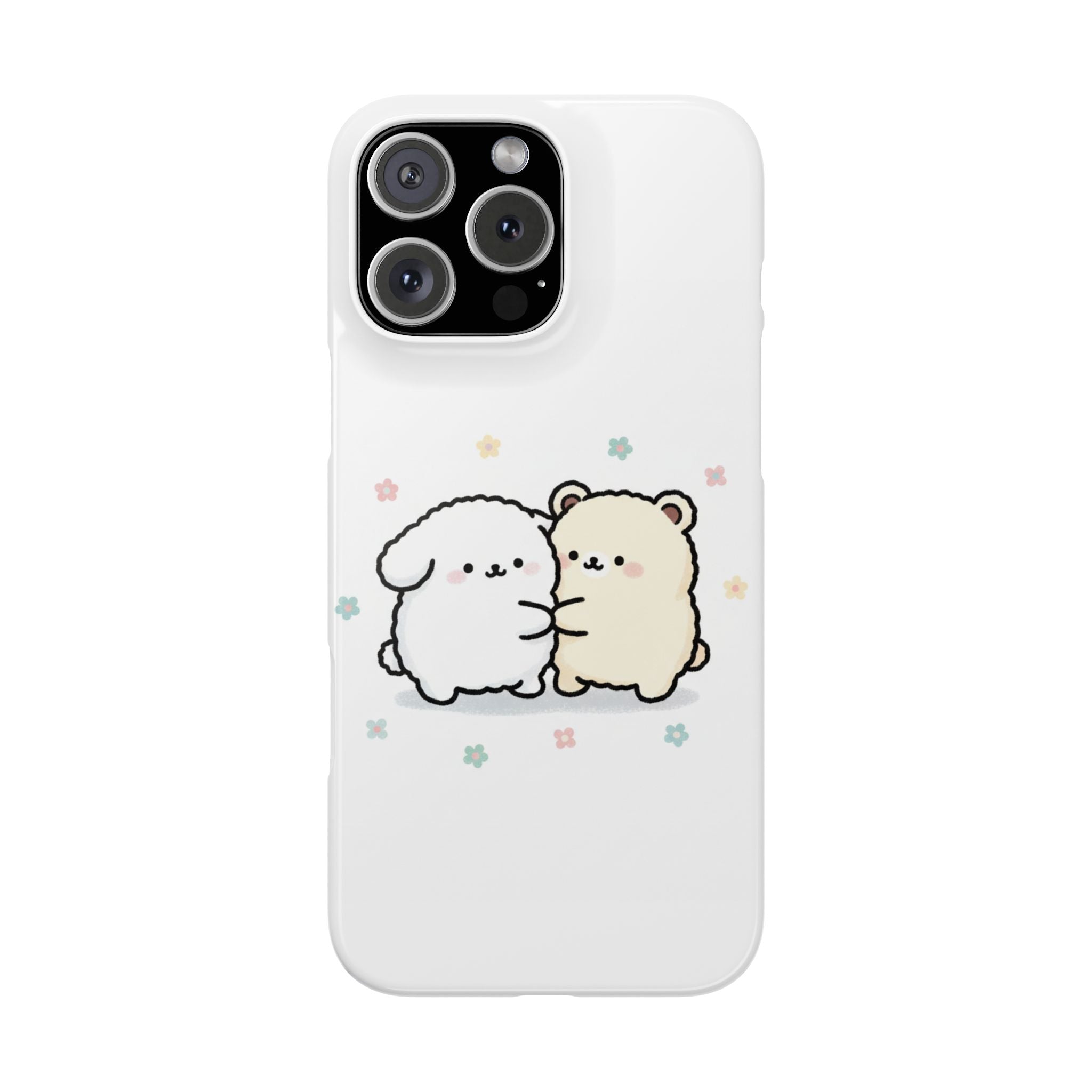 Kawaii Puppy & Bear Hug Slim Phone Case — Pastel Floral Cute Cozy Design