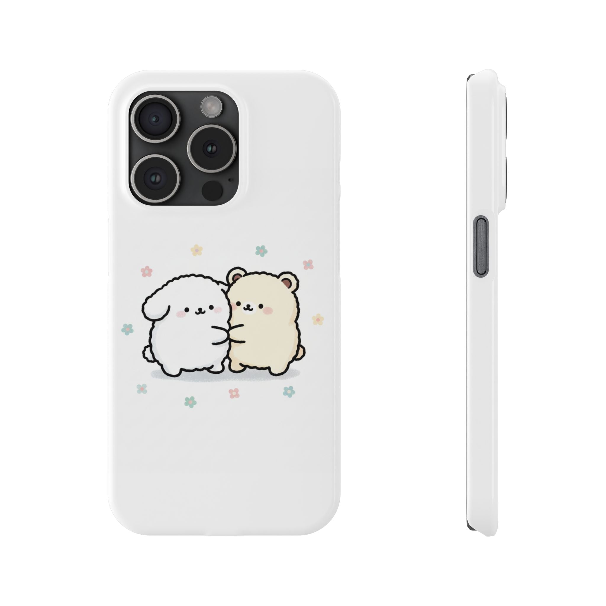 Kawaii Puppy & Bear Hug Slim Phone Case — Pastel Floral Cute Cozy Design