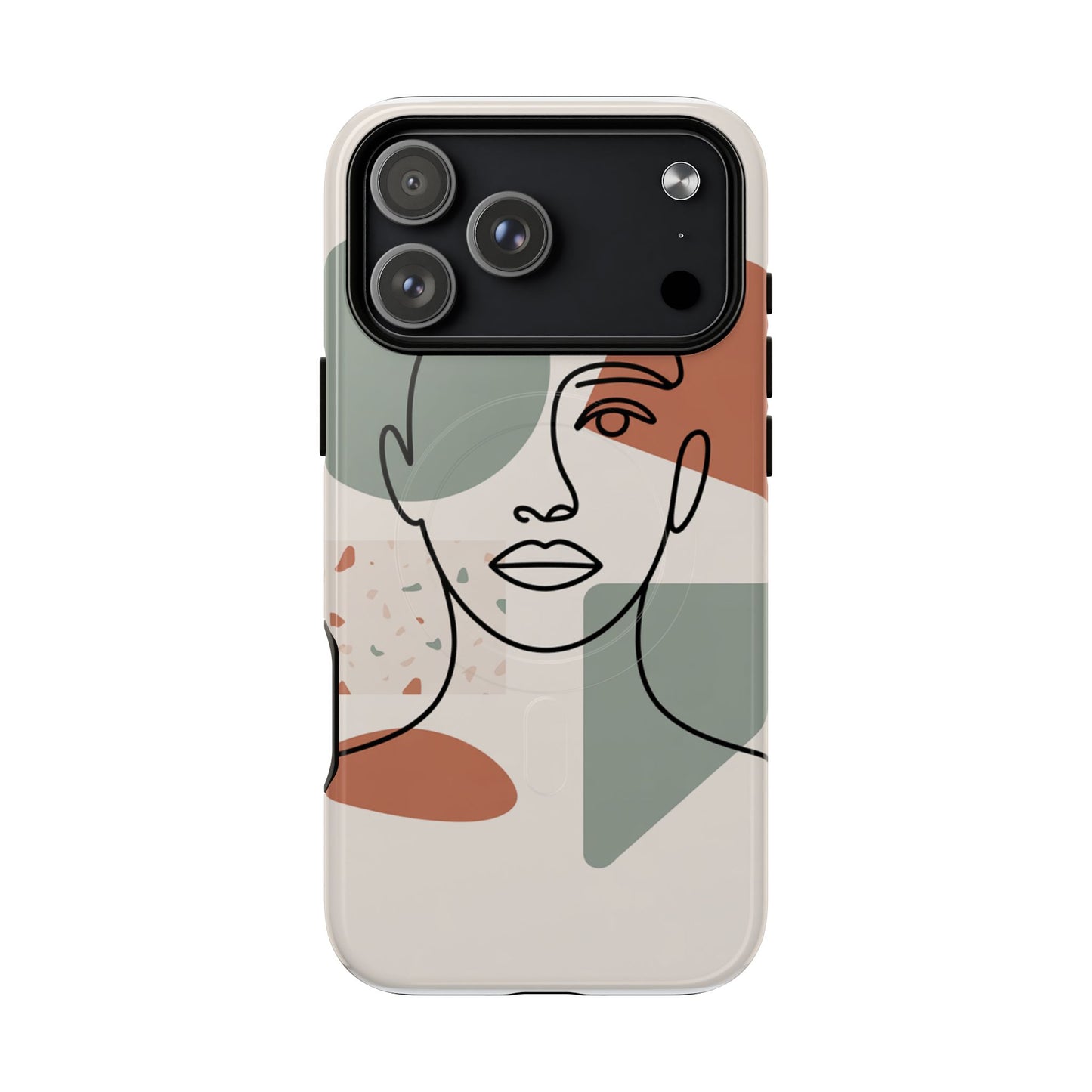 Phone Case - Minimalist Abstract Art Face Design - Sage Green and Terracotta Colors