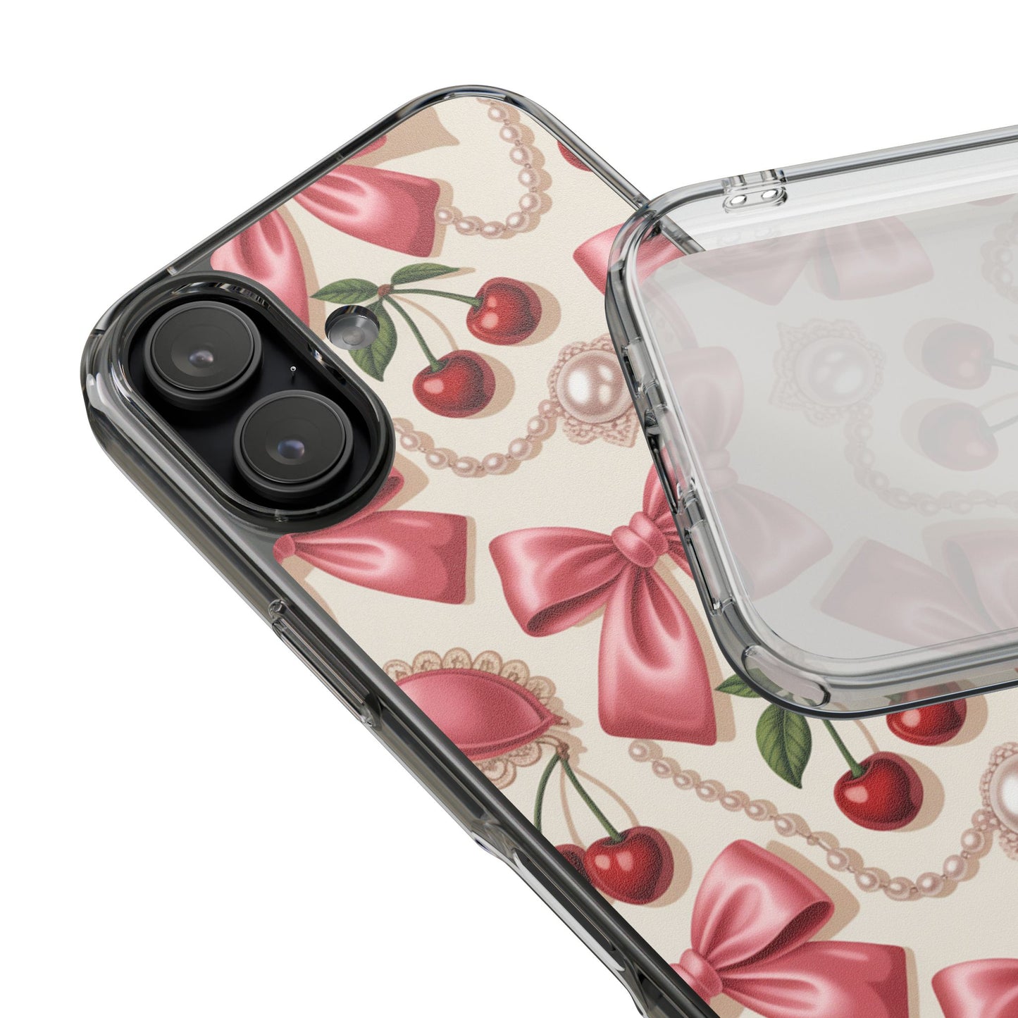 Phone Cases - Coquette Aesthetic Pattern with Pink Satin Bows, Pearls, and Cherries