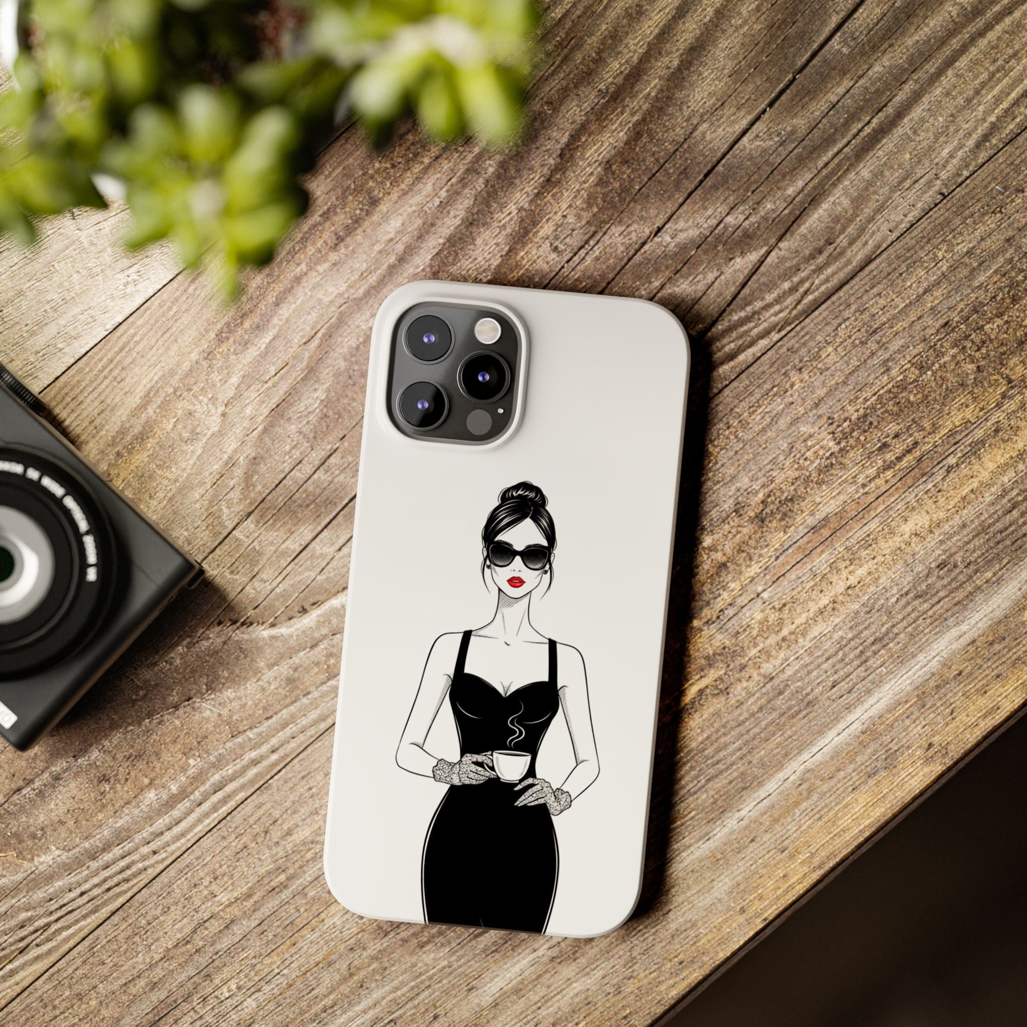 Chic High-Fashion Slim Phone Case — Black Dress Illustration with Red Lip Accent
