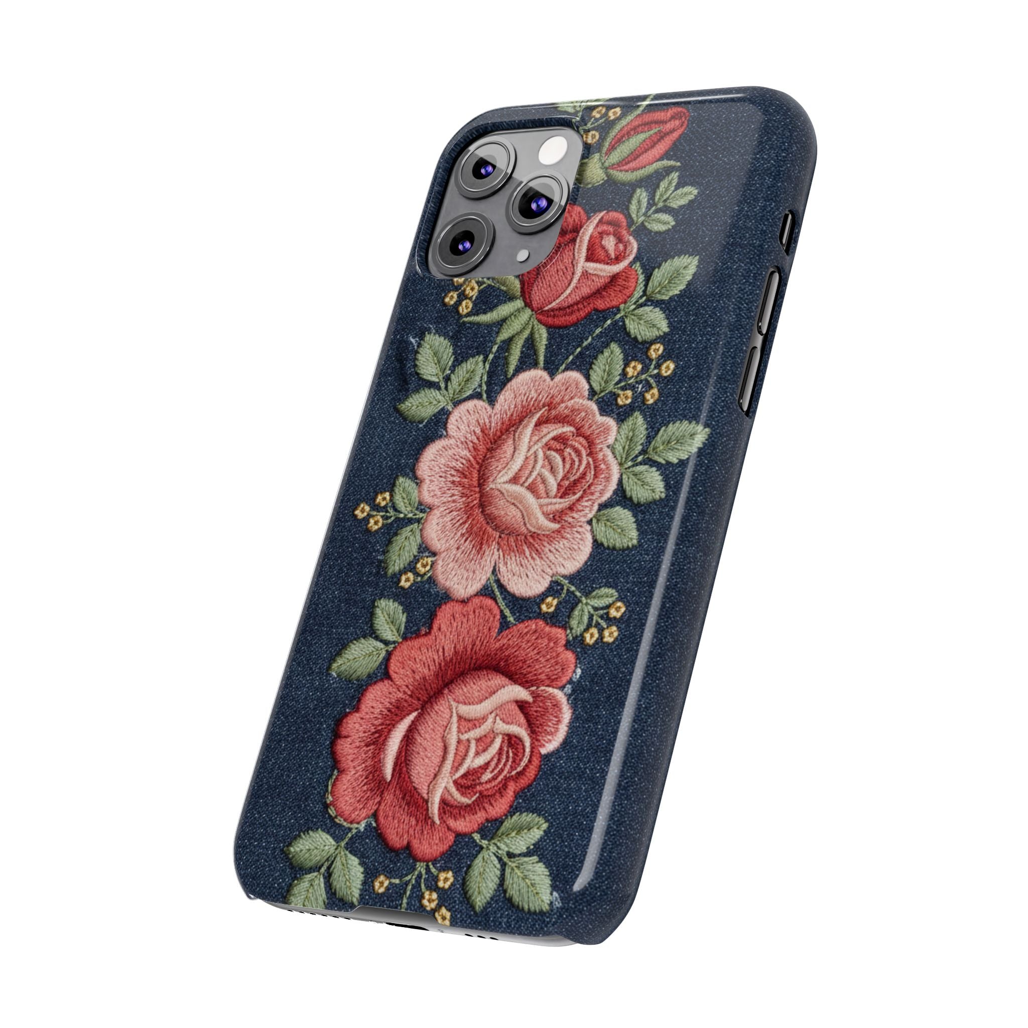 Denim Floral Embroidered Slim Phone Case — Stitched Roses & Vines
