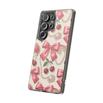 Phone Cases - Coquette Aesthetic Pattern with Pink Satin Bows, Pearls, and Cherries
