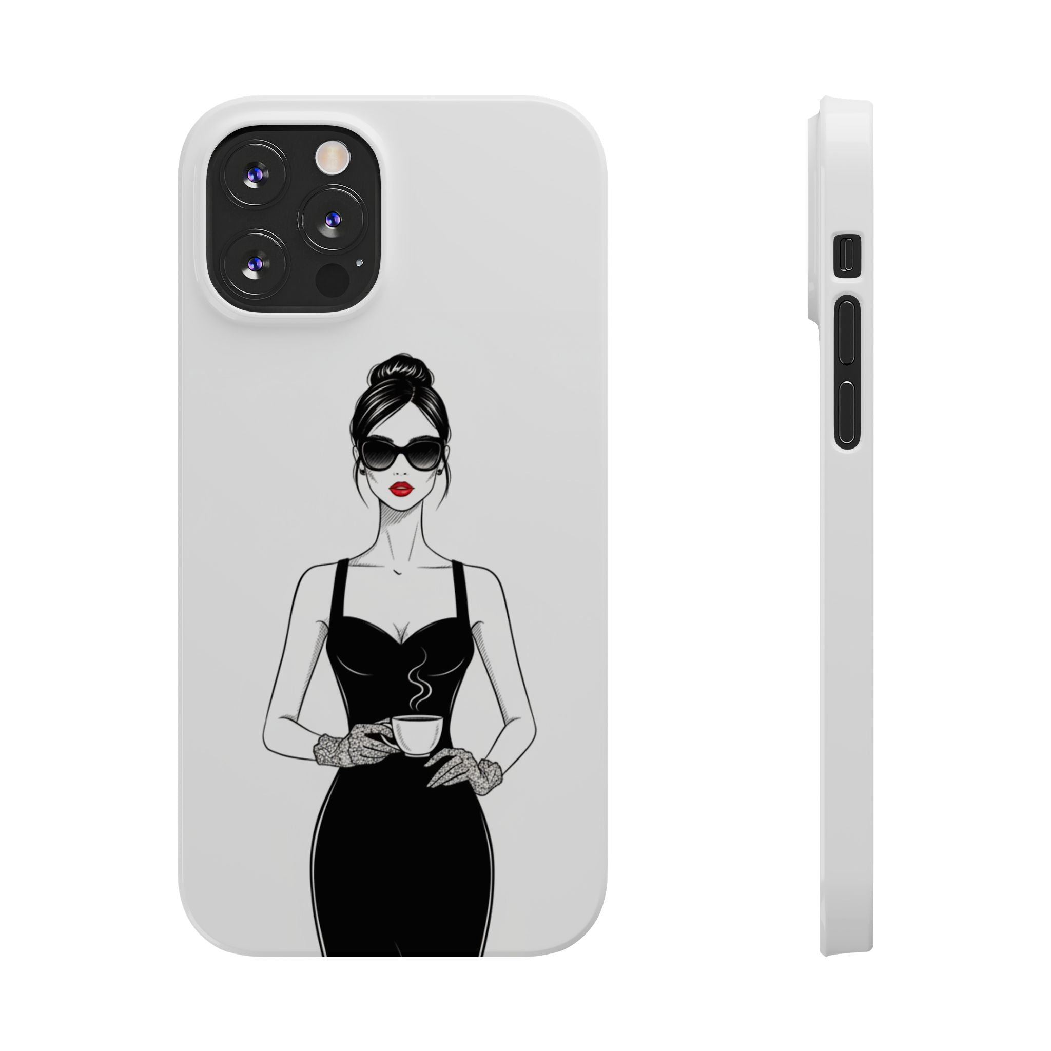 Chic High-Fashion Slim Phone Case — Black Dress Illustration with Red Lip Accent