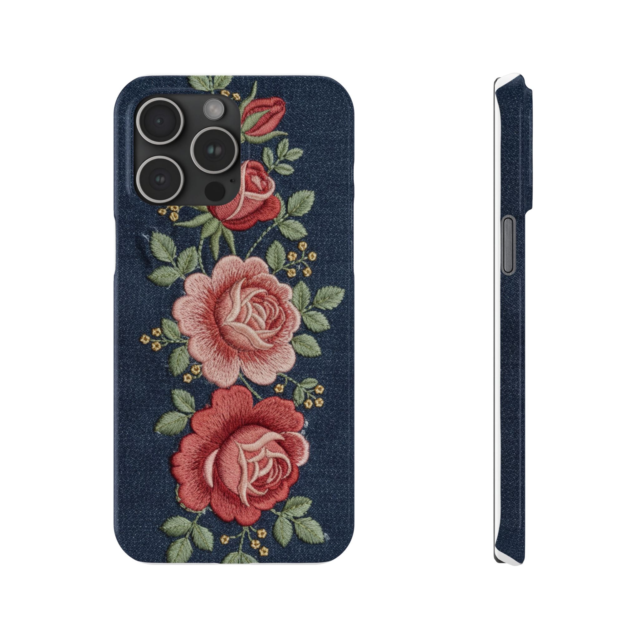 Denim Floral Embroidered Slim Phone Case — Stitched Roses & Vines