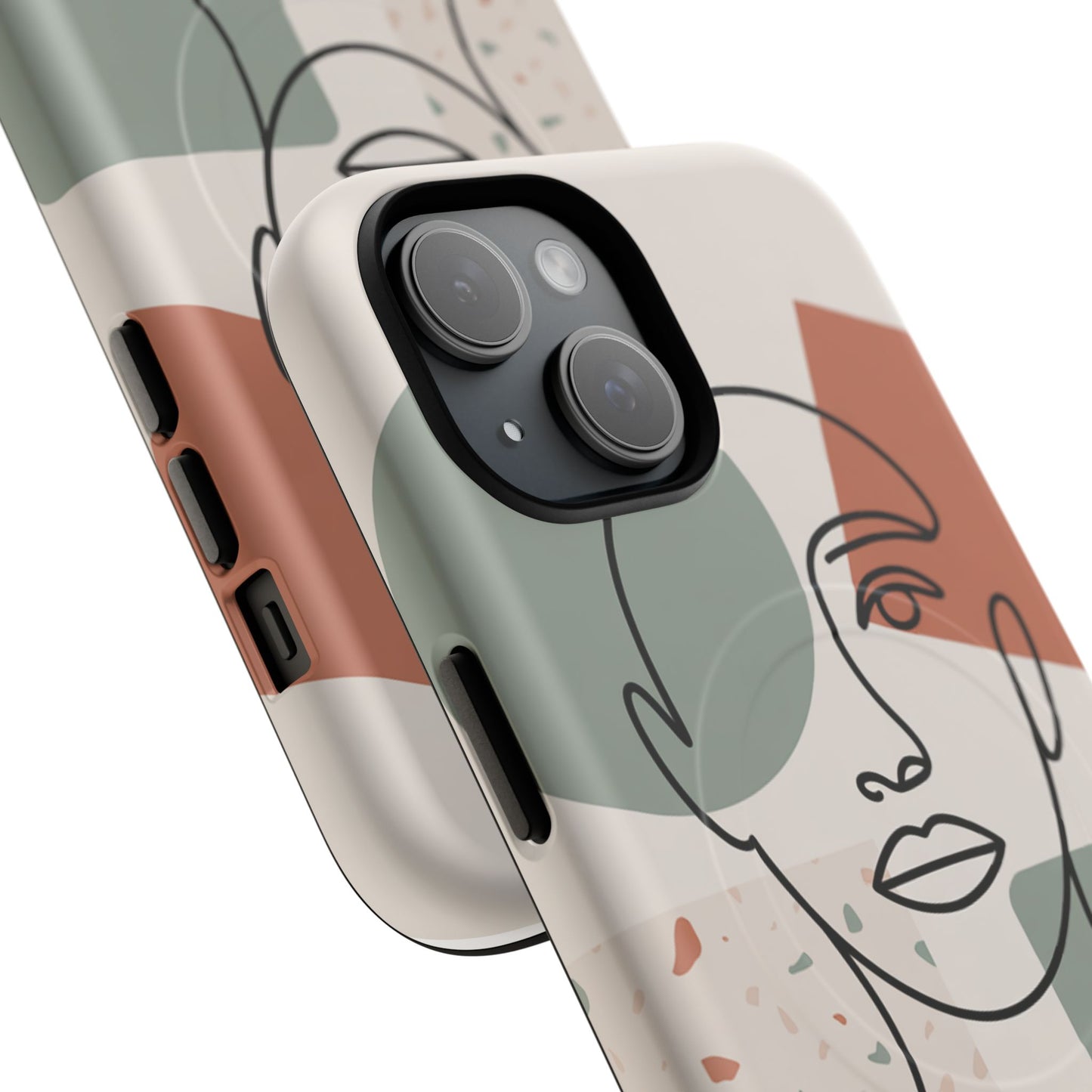 Phone Case - Minimalist Abstract Art Face Design - Sage Green and Terracotta Colors